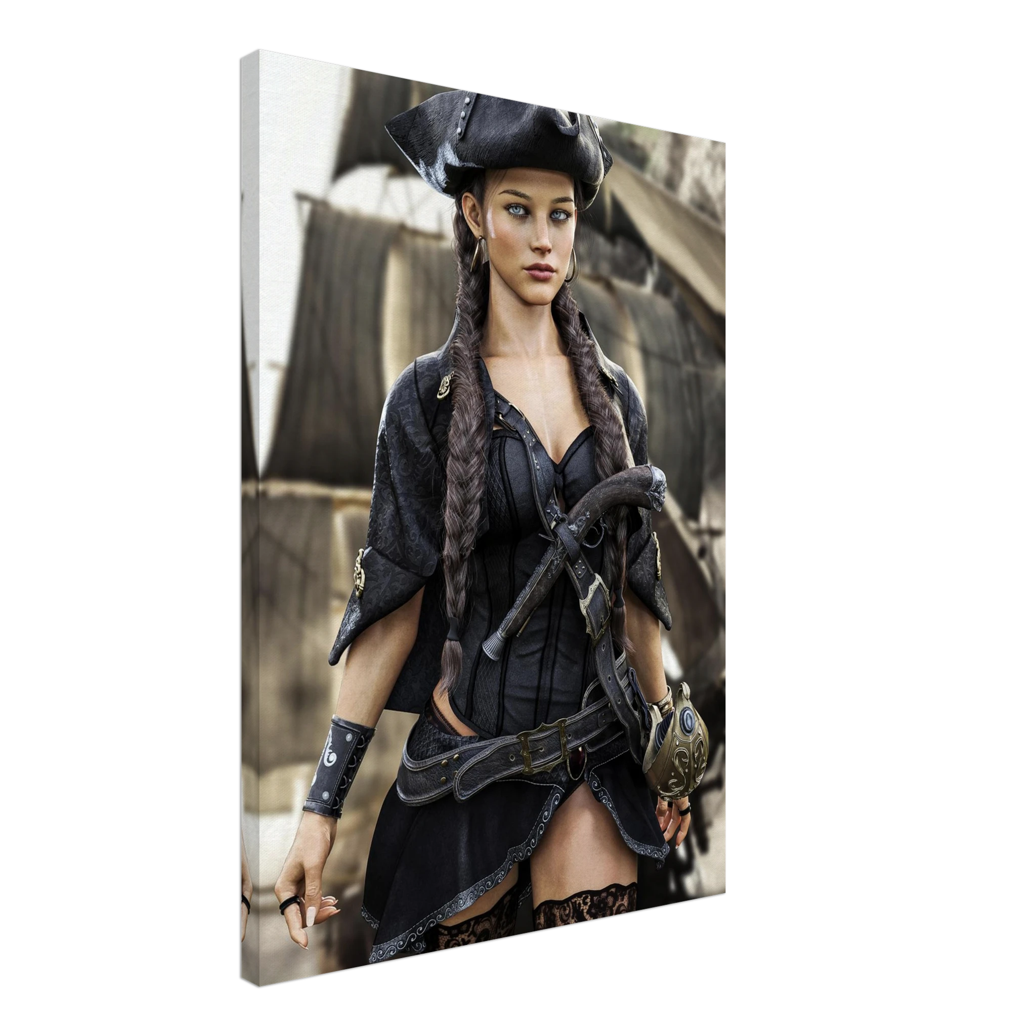 Handcrafted fantasy artwork featuring a female pirate captain with braided hair and a tricorne hat standing before a historic sailing ship, wearing elegant pirate attire with a flintlock pistol and nautical accessories. Premium wall art for fantasy collectors, pirate enthusiasts, gaming rooms, and nautical décor.