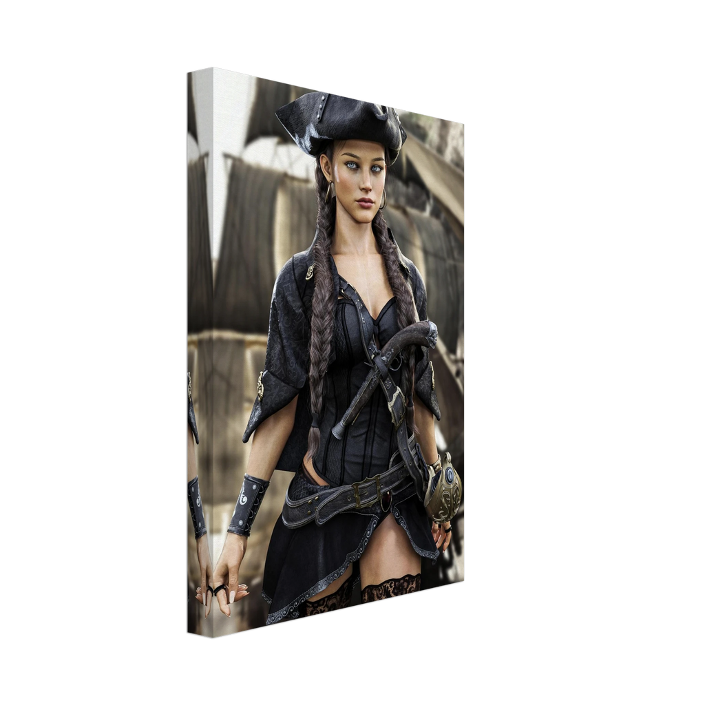 Handcrafted fantasy artwork featuring a female pirate captain with braided hair and a tricorne hat standing before a historic sailing ship, wearing elegant pirate attire with a flintlock pistol and nautical accessories. Premium wall art for fantasy collectors, pirate enthusiasts, gaming rooms, and nautical décor.