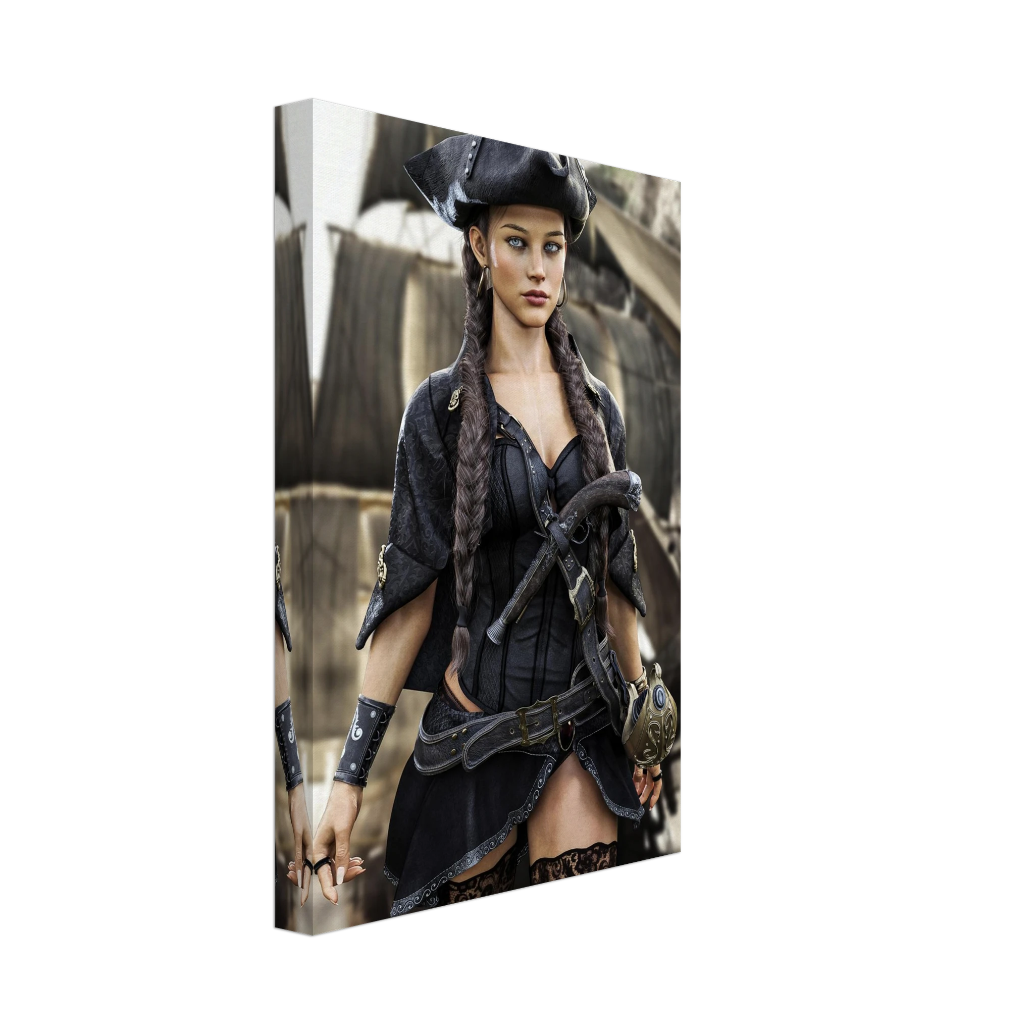 Handcrafted fantasy artwork featuring a female pirate captain with braided hair and a tricorne hat standing before a historic sailing ship, wearing elegant pirate attire with a flintlock pistol and nautical accessories. Premium wall art for fantasy collectors, pirate enthusiasts, gaming rooms, and nautical décor.