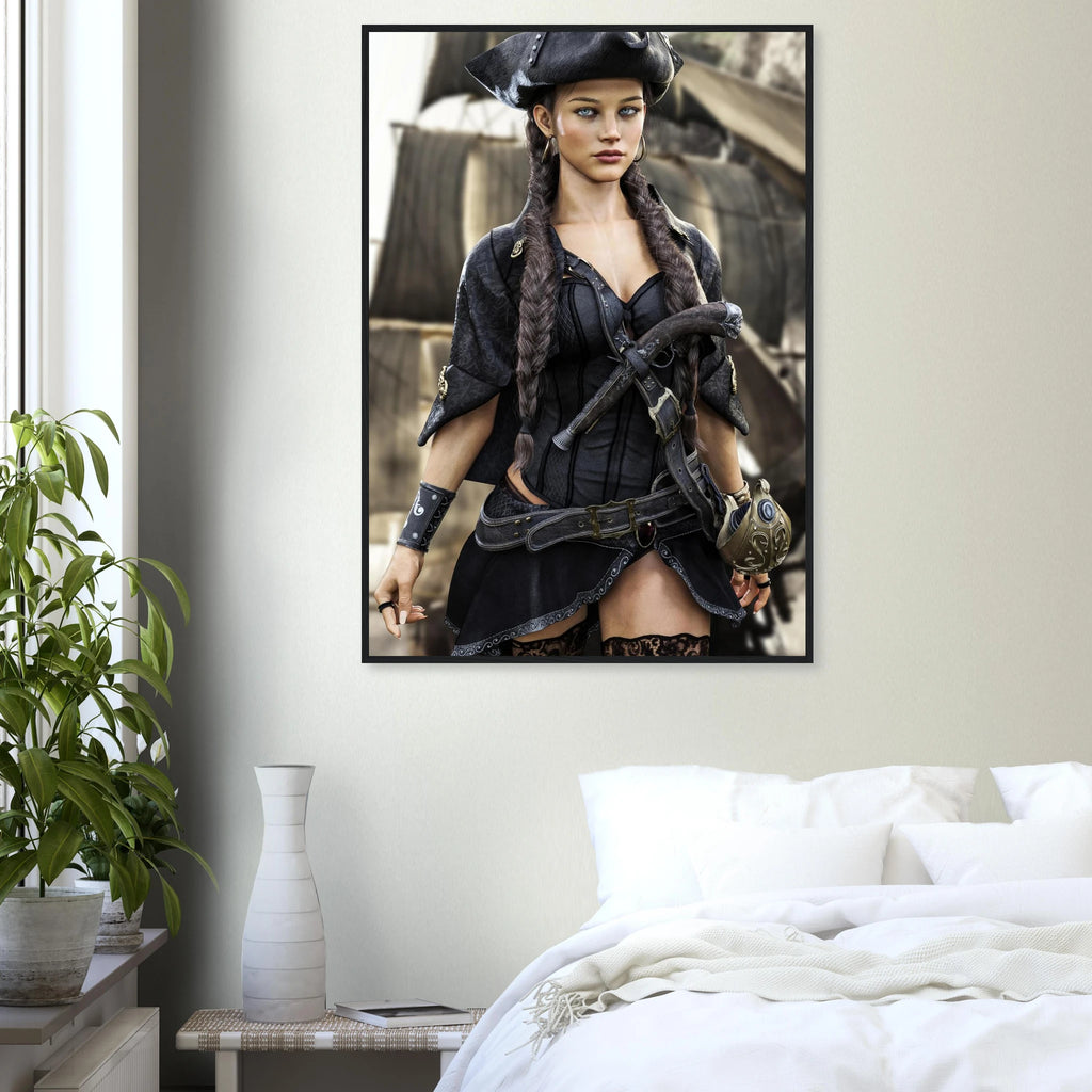 A framed vertical art print of a pirate woman hanging on a bedroom wall above a bed with white bedding, next to a potted plant and a white vase.