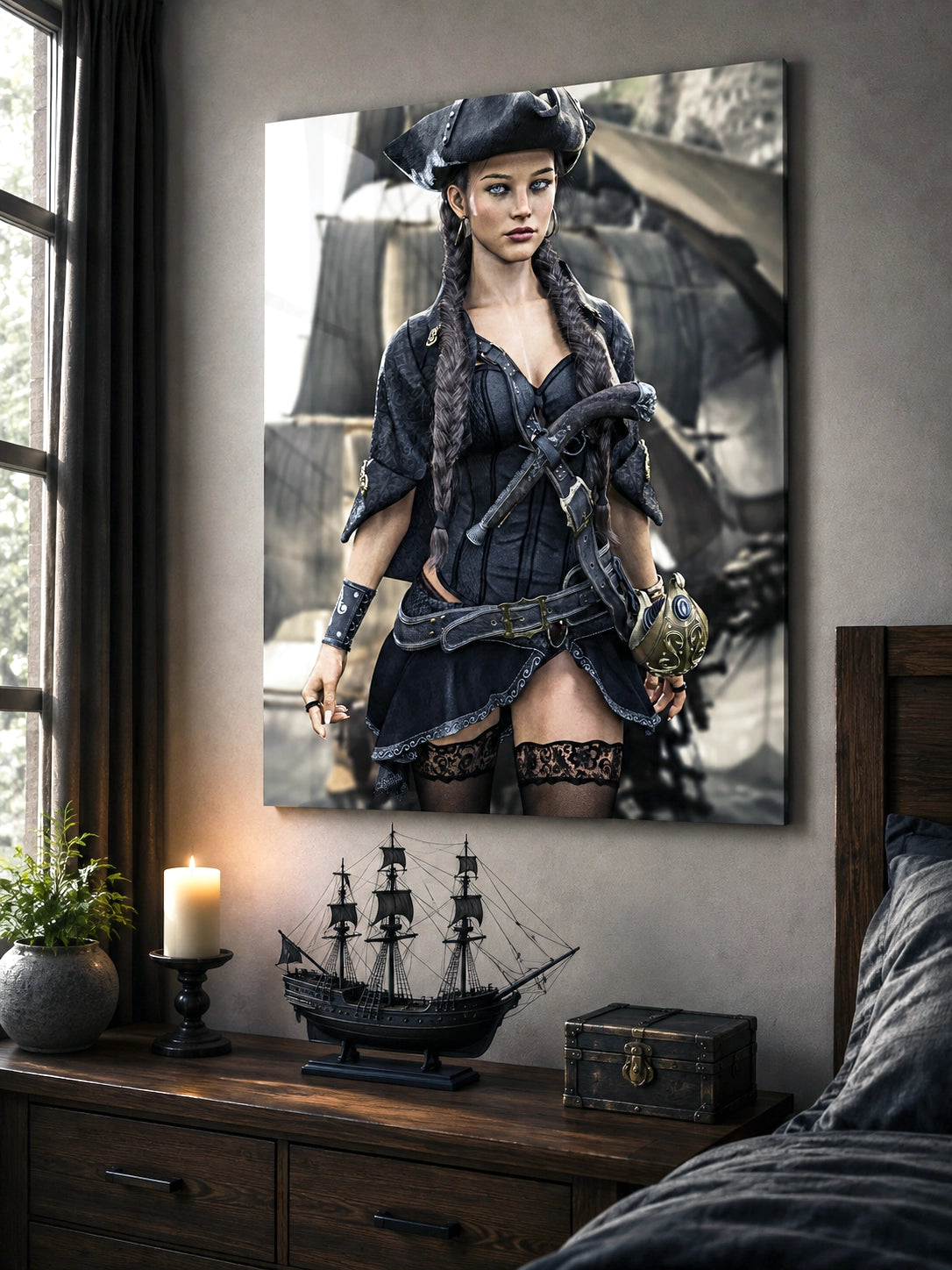A vertical canvas wall art print depicting a pirate woman in a black outfit with a tricorn hat and sword, displayed on a bedroom wall above a wooden dresser with a ship model and candle.