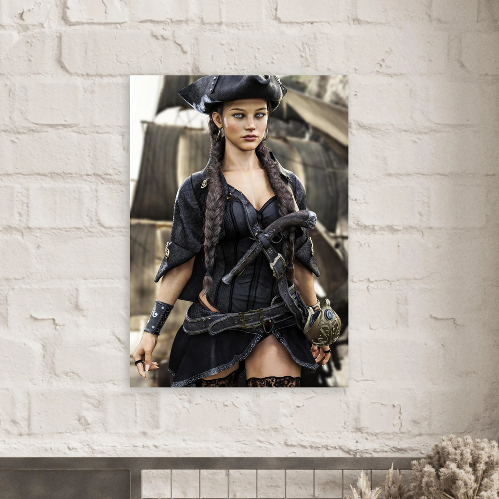 Handcrafted fantasy artwork featuring a female pirate captain with braided hair and a tricorne hat standing before a historic sailing ship, wearing elegant pirate attire with a flintlock pistol and nautical accessories. Premium wall art for fantasy collectors, pirate enthusiasts, gaming rooms, and nautical décor.