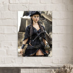 A vertical art print of a pirate woman in a black corset and hat, displayed on a white brick wall above a mantel.