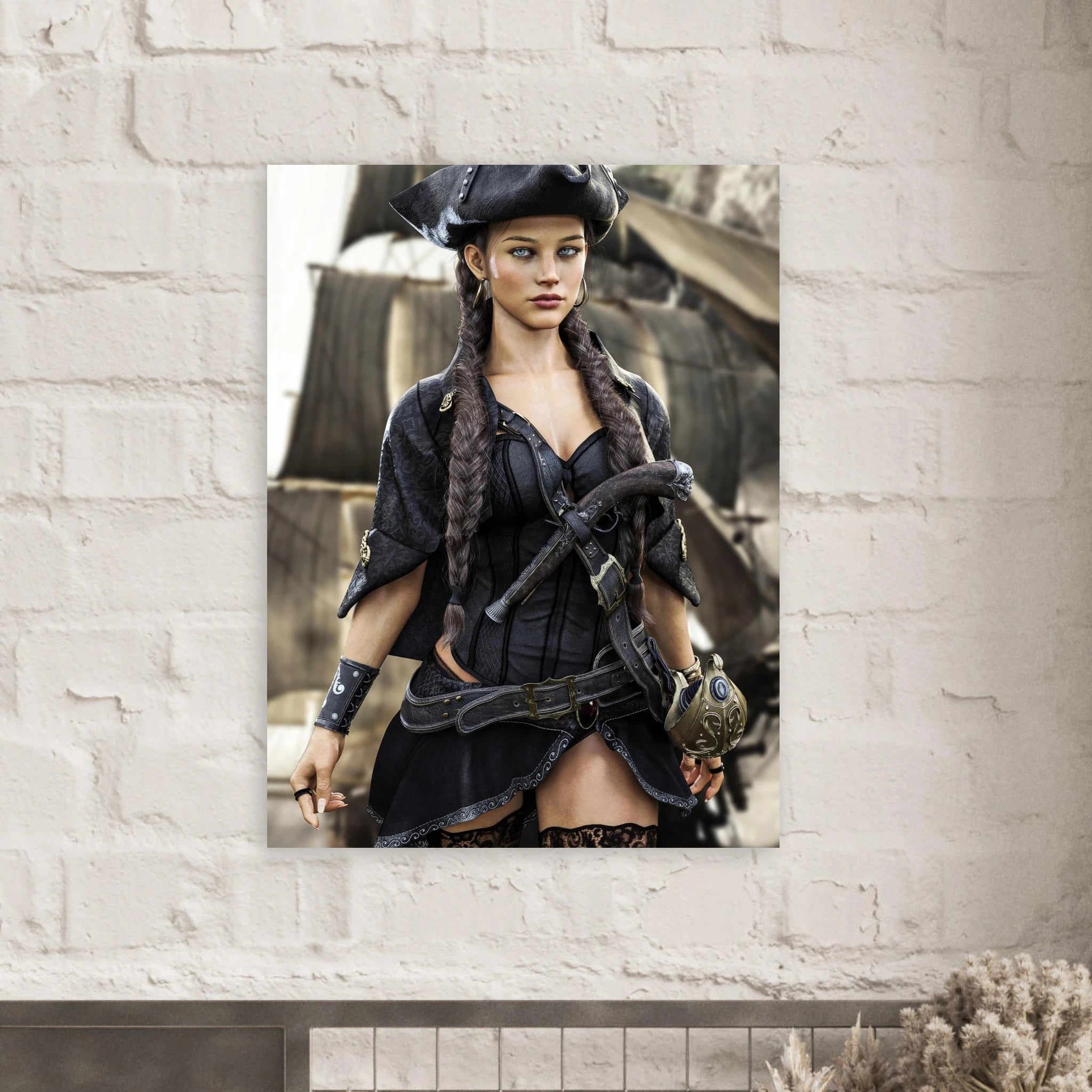 A vertical art print of a pirate woman in a black corset and hat, displayed on a white brick wall above a mantel.
