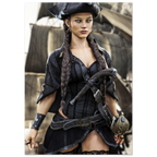 A woman dressed as a pirate, wearing a black hat, long braids, a black corset-style top, dark cape, and accessories, standing in front of a blurred ship background.