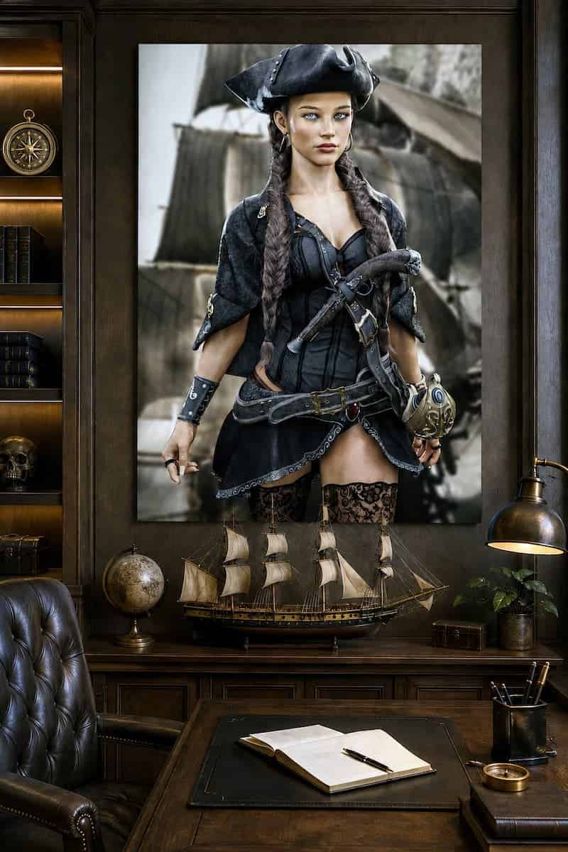Handcrafted fantasy artwork featuring a female pirate captain with braided hair and a tricorne hat standing before a historic sailing ship, wearing elegant pirate attire with a flintlock pistol and nautical accessories. Premium wall art for fantasy collectors, pirate enthusiasts, gaming rooms, and nautical décor.
