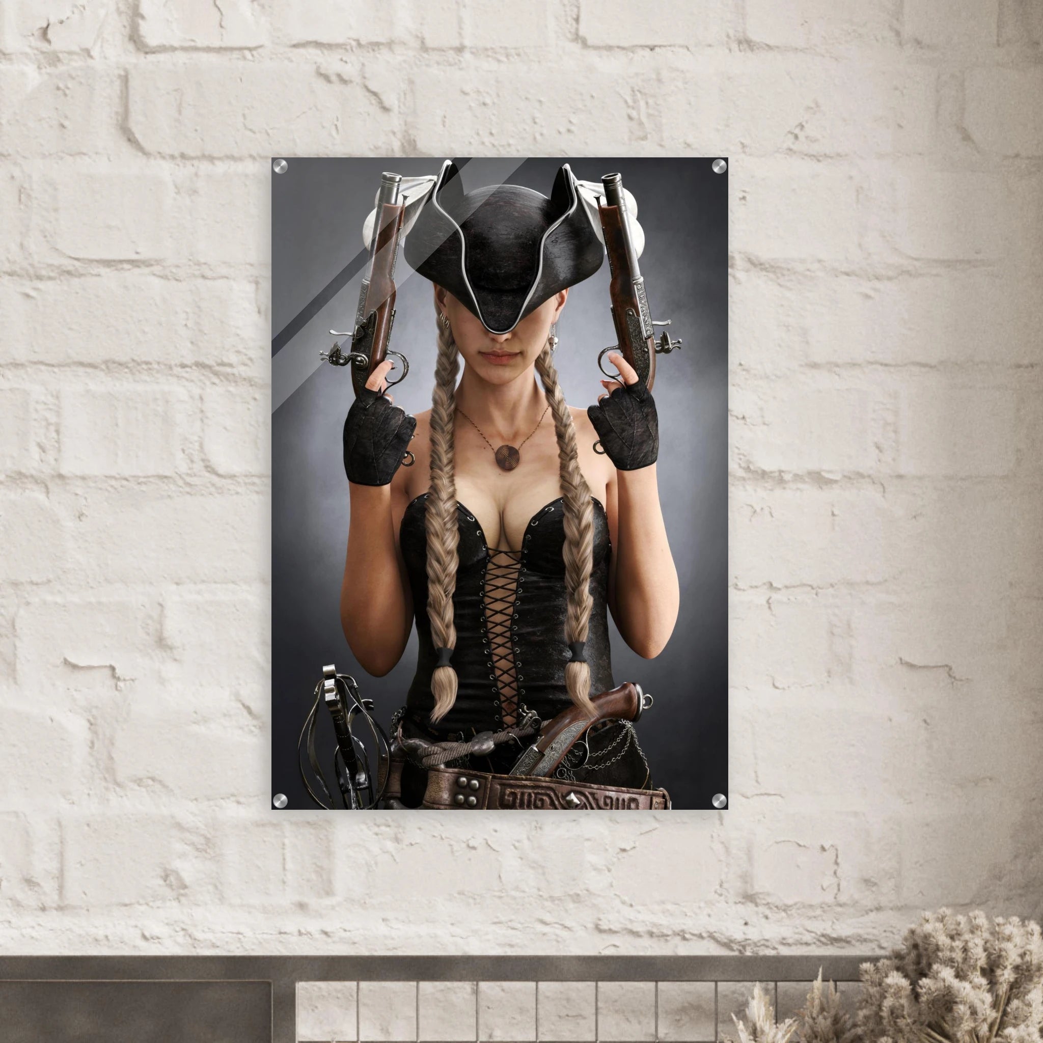 Handcrafted fantasy artwork featuring a female pirate with long braided hair wearing a tricorne hat and leather corset while holding dual flintlock pistols. A dramatic pirate portrait with cinematic lighting, perfect for fantasy collectors, gaming rooms, nautical décor, and pirate enthusiasts.