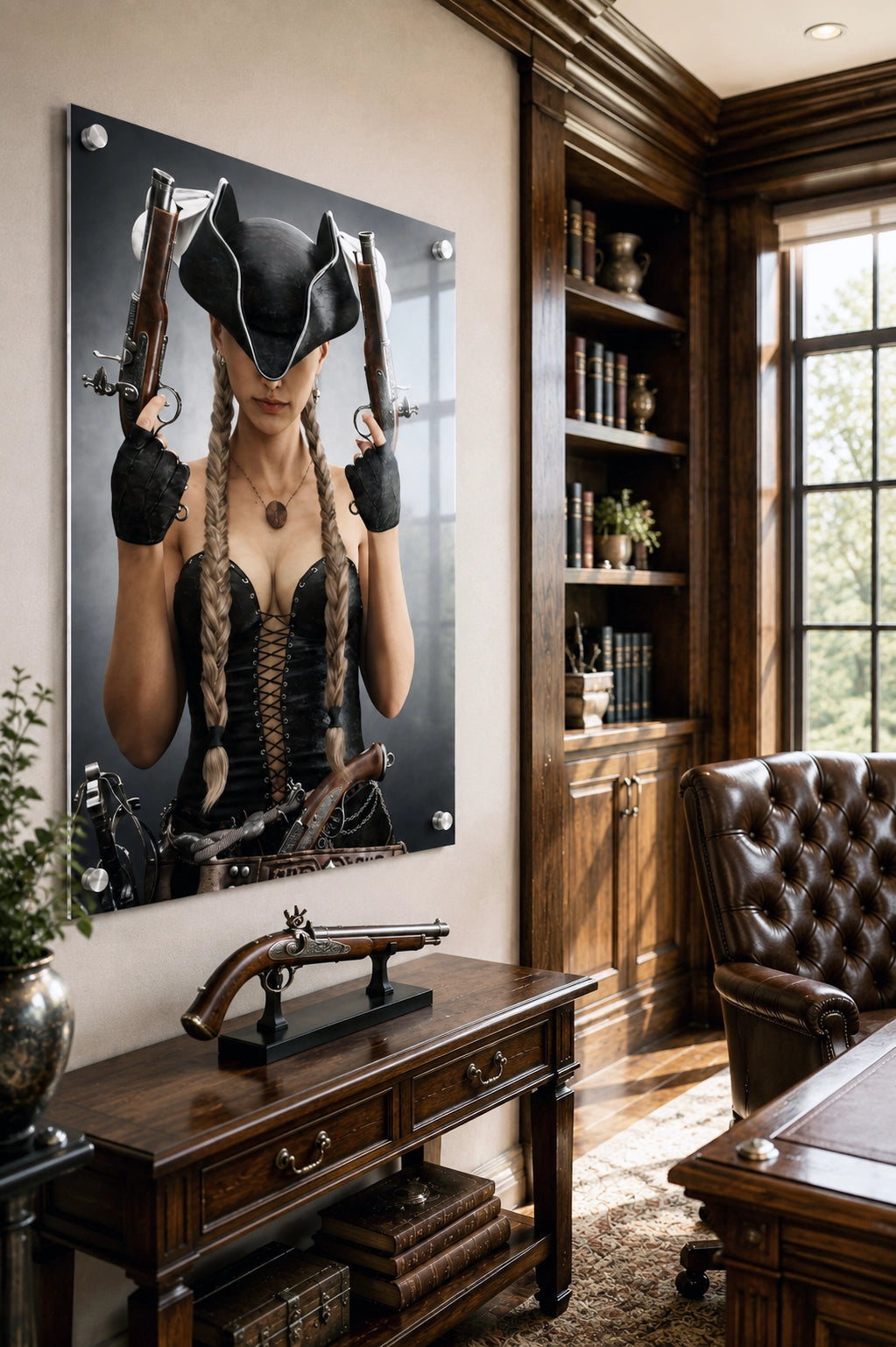 Handcrafted fantasy artwork featuring a female pirate with long braided hair wearing a tricorne hat and leather corset while holding dual flintlock pistols. A dramatic pirate portrait with cinematic lighting, perfect for fantasy collectors, gaming rooms, nautical décor, and pirate enthusiasts.