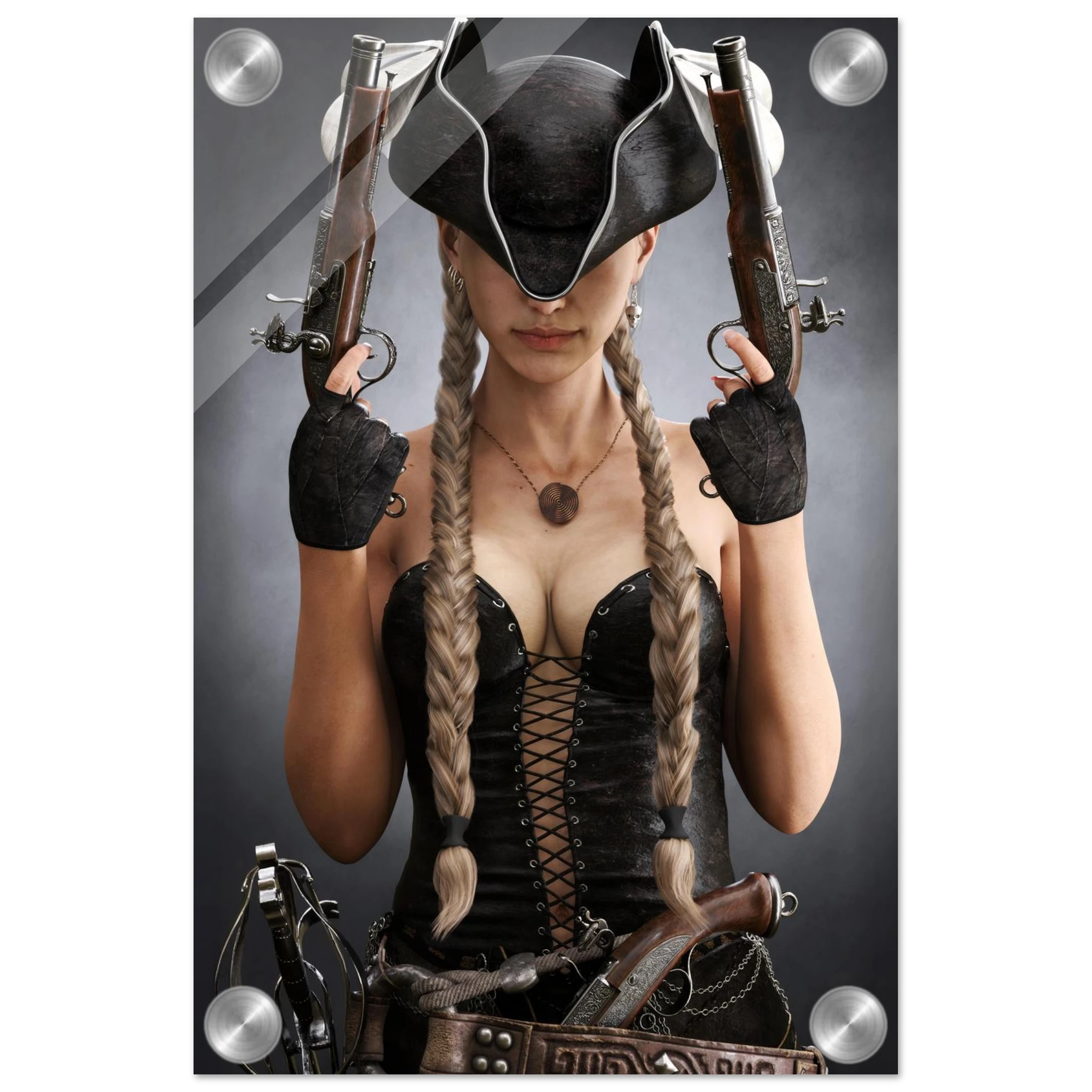 Handcrafted fantasy artwork featuring a female pirate with long braided hair wearing a tricorne hat and leather corset while holding dual flintlock pistols. A dramatic pirate portrait with cinematic lighting, perfect for fantasy collectors, gaming rooms, nautical décor, and pirate enthusiasts.