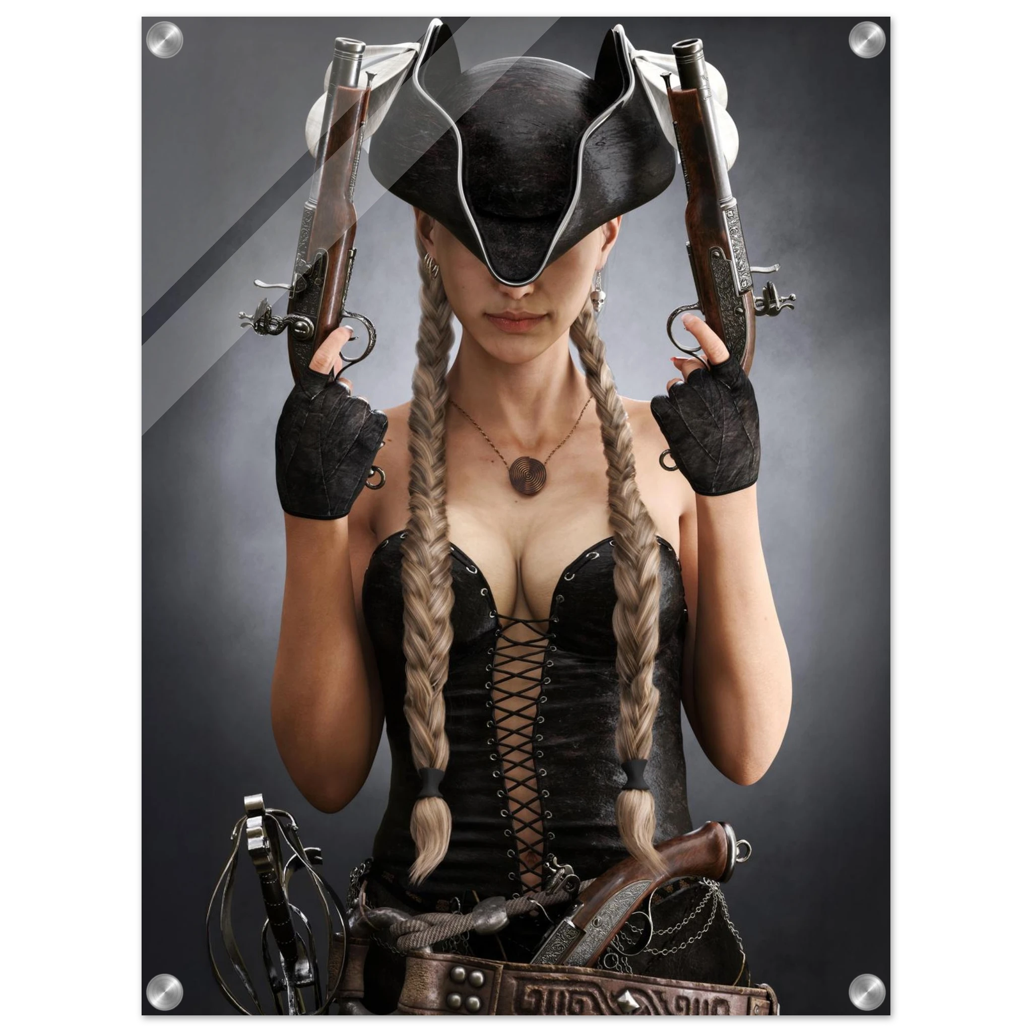 Handcrafted fantasy artwork featuring a female pirate with long braided hair wearing a tricorne hat and leather corset while holding dual flintlock pistols. A dramatic pirate portrait with cinematic lighting, perfect for fantasy collectors, gaming rooms, nautical décor, and pirate enthusiasts.