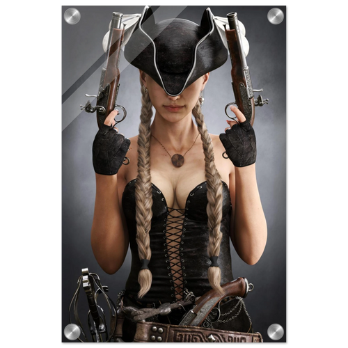 Handcrafted fantasy artwork featuring a female pirate with long braided hair wearing a tricorne hat and leather corset while holding dual flintlock pistols. A dramatic pirate portrait with cinematic lighting, perfect for fantasy collectors, gaming rooms, nautical décor, and pirate enthusiasts.