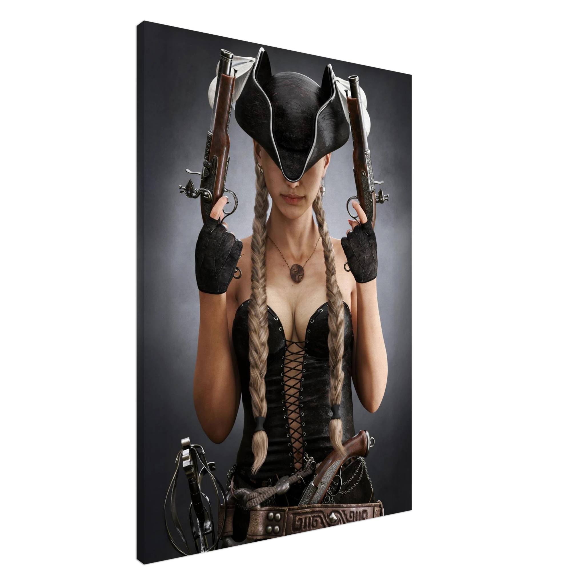 Handcrafted fantasy artwork featuring a female pirate with long braided hair wearing a tricorne hat and leather corset while holding dual flintlock pistols. A dramatic pirate portrait with cinematic lighting, perfect for fantasy collectors, gaming rooms, nautical décor, and pirate enthusiasts.
