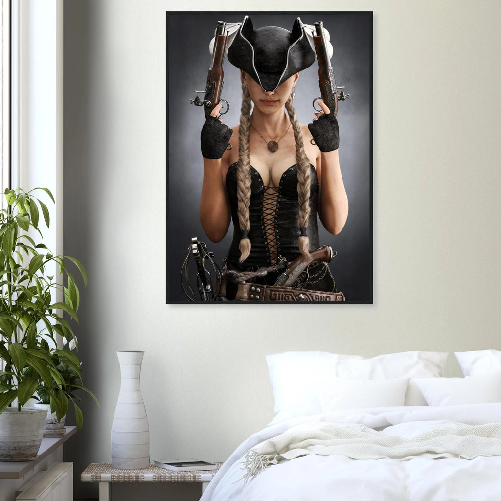 A framed wall art print depicting a woman in a black pirate hat and corset holding two pistols, displayed above a bed in a modern bedroom setting.