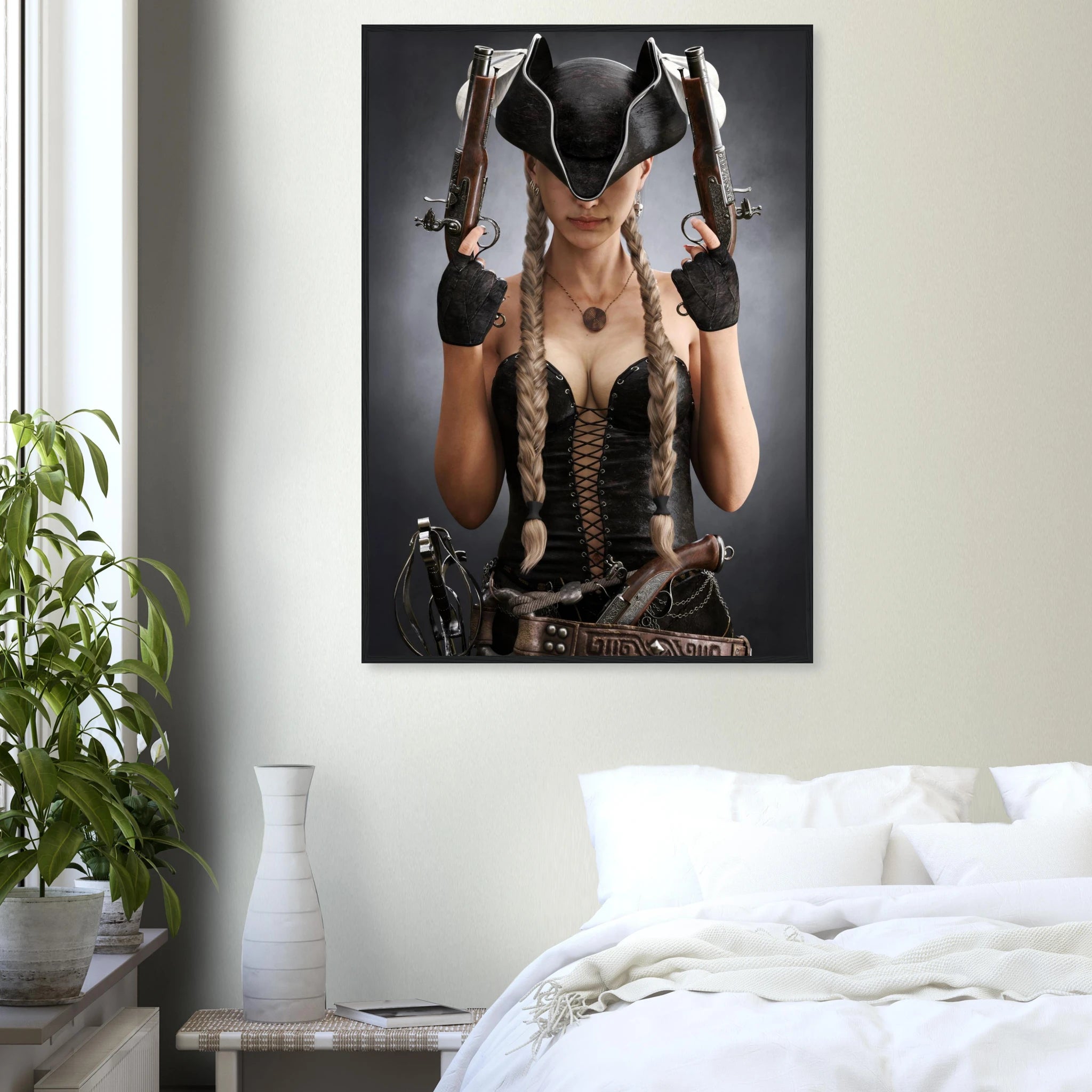 A framed wall art print depicting a woman in a black pirate hat and corset holding two pistols, displayed above a bed in a modern bedroom setting.