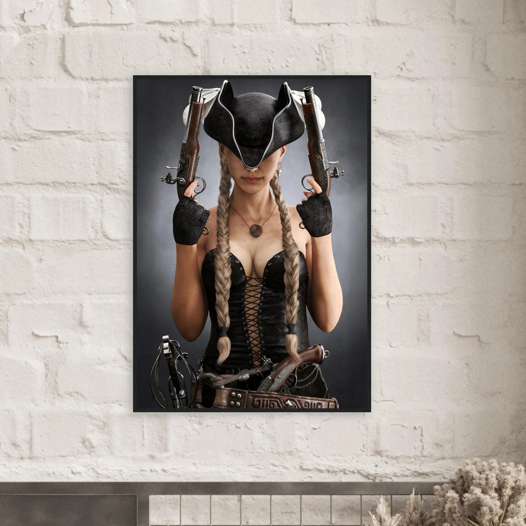 A vertical framed wall art print depicting a woman in a black pirate-style hat and corset holding two revolvers, displayed against a white brick wall.