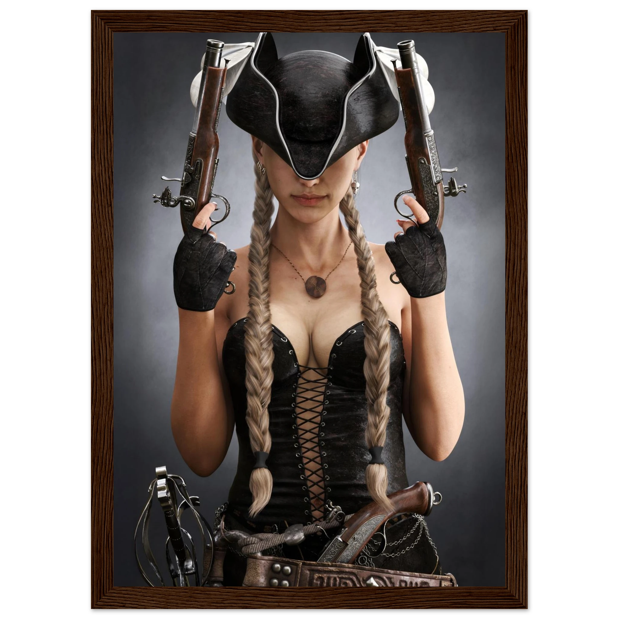A framed art print featuring a portrait of a woman in a steampunk-inspired black outfit with a large black hat, long braided hair, and two flintlock-style pistols raised to her shoulders, set against a dark gray background.