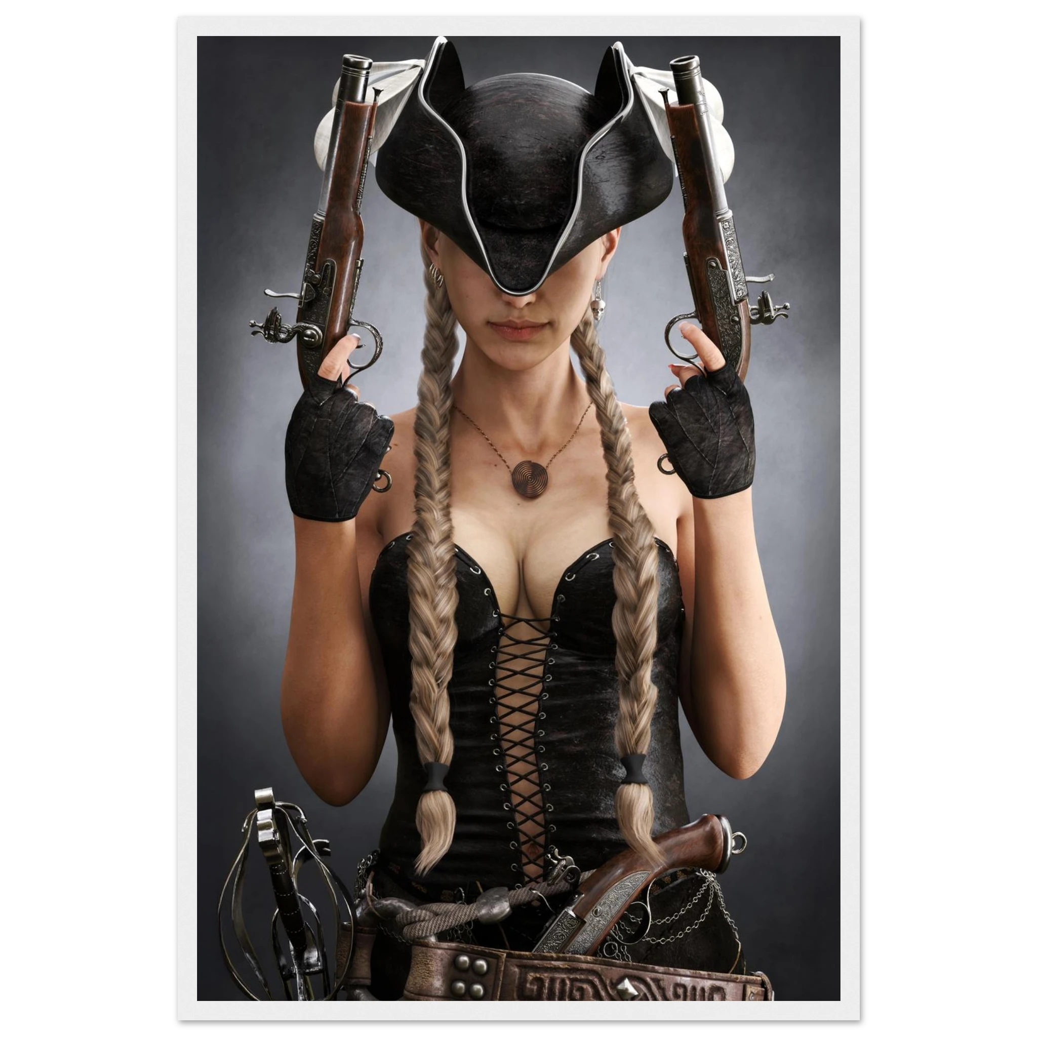 A framed art print featuring a woman in a steampunk-inspired costume, wearing a black hat, black corset, and holding two pistols, set against a dark gray background.
