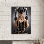 Handcrafted fantasy artwork featuring a female pirate with long braided hair wearing a tricorne hat and leather corset while holding dual flintlock pistols. A dramatic pirate portrait with cinematic lighting, perfect for fantasy collectors, gaming rooms, nautical décor, and pirate enthusiasts.