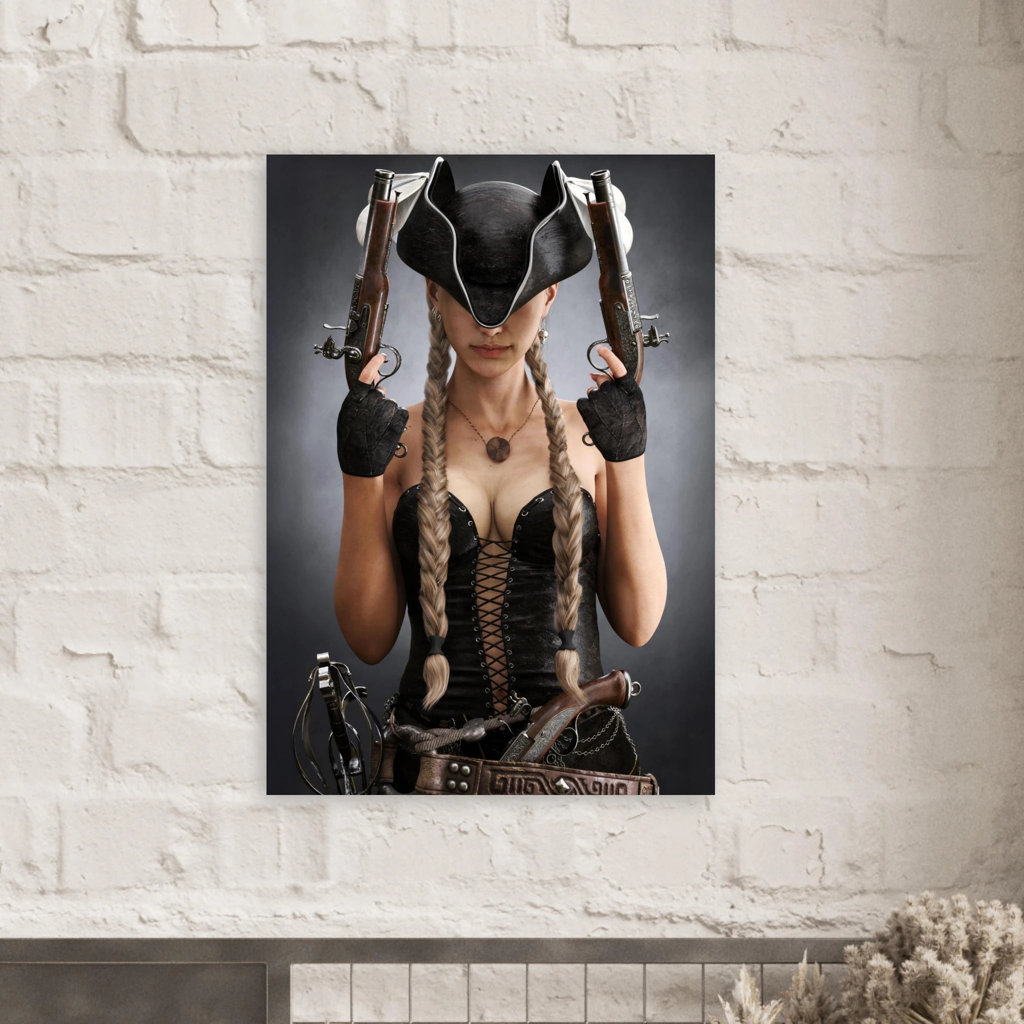 Handcrafted fantasy artwork featuring a female pirate with long braided hair wearing a tricorne hat and leather corset while holding dual flintlock pistols. A dramatic pirate portrait with cinematic lighting, perfect for fantasy collectors, gaming rooms, nautical décor, and pirate enthusiasts.