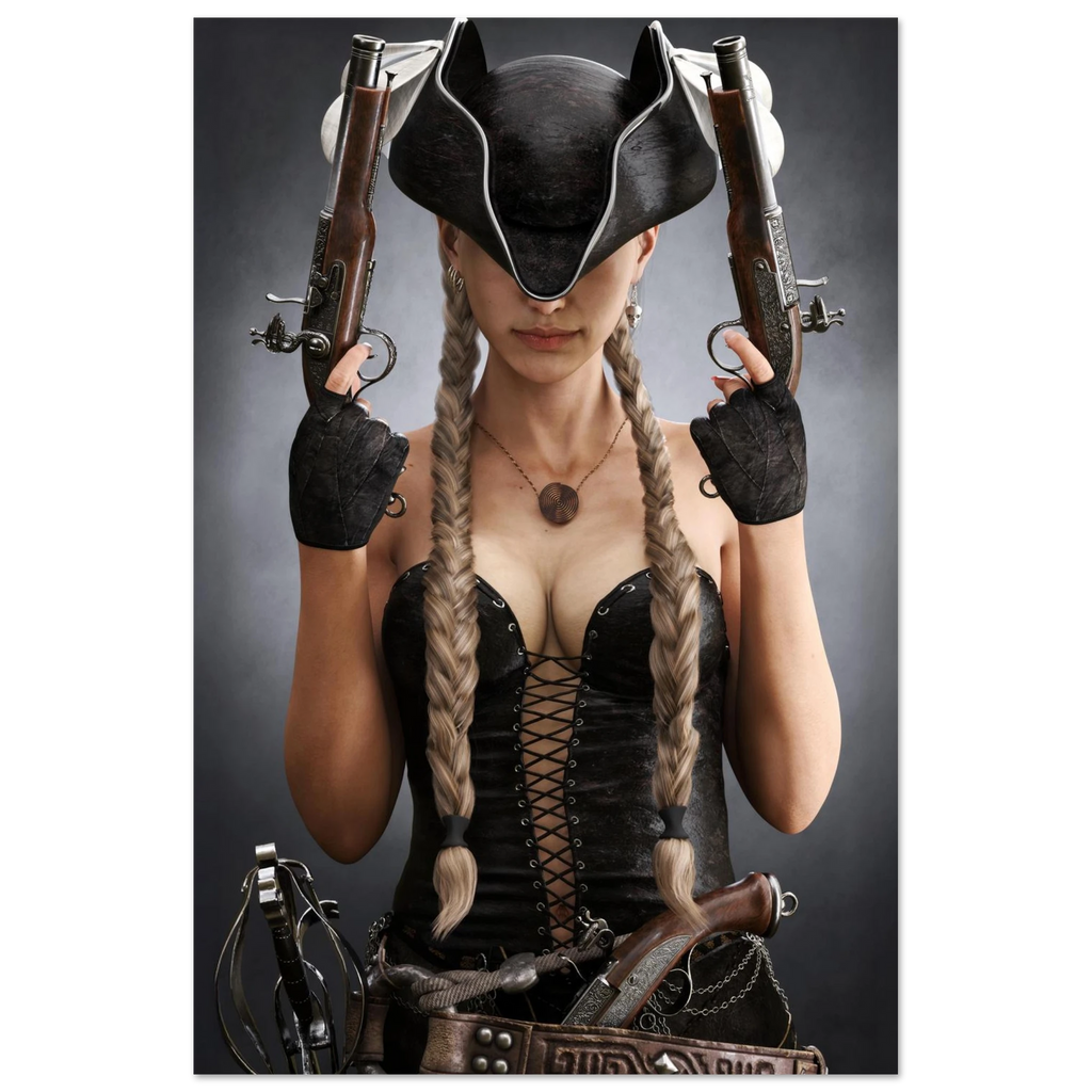 Handcrafted fantasy artwork featuring a female pirate with long braided hair wearing a tricorne hat and leather corset while holding dual flintlock pistols. A dramatic pirate portrait with cinematic lighting, perfect for fantasy collectors, gaming rooms, nautical décor, and pirate enthusiasts.