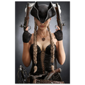 Handcrafted fantasy artwork featuring a female pirate with long braided hair wearing a tricorne hat and leather corset while holding dual flintlock pistols. A dramatic pirate portrait with cinematic lighting, perfect for fantasy collectors, gaming rooms, nautical décor, and pirate enthusiasts.