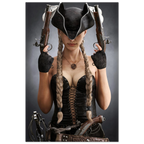 Handcrafted fantasy artwork featuring a female pirate with long braided hair wearing a tricorne hat and leather corset while holding dual flintlock pistols. A dramatic pirate portrait with cinematic lighting, perfect for fantasy collectors, gaming rooms, nautical décor, and pirate enthusiasts.