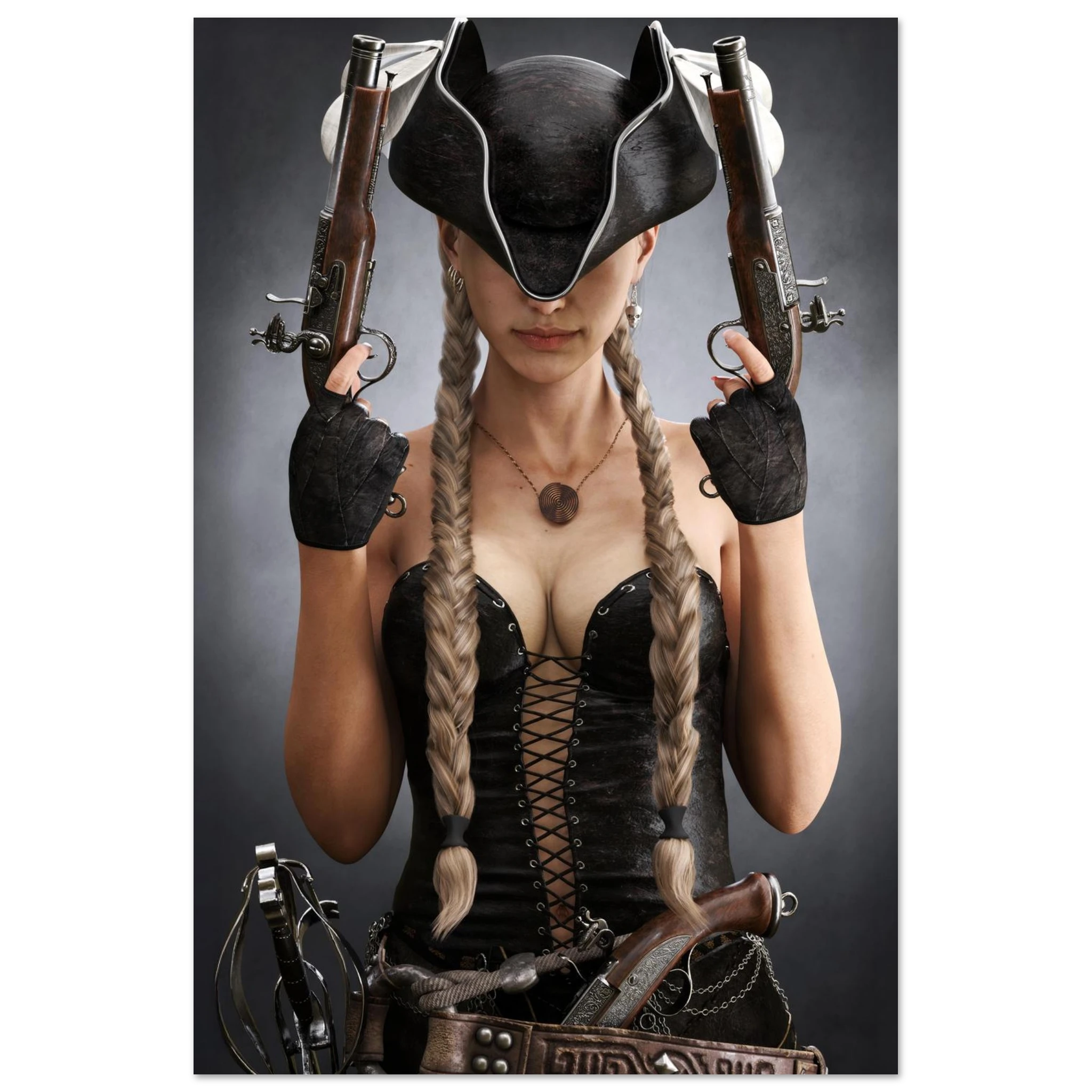 Handcrafted fantasy artwork featuring a female pirate with long braided hair wearing a tricorne hat and leather corset while holding dual flintlock pistols. A dramatic pirate portrait with cinematic lighting, perfect for fantasy collectors, gaming rooms, nautical décor, and pirate enthusiasts.