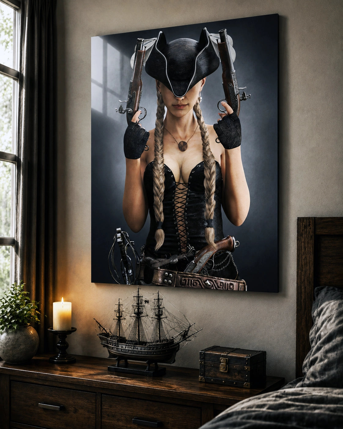 Handcrafted fantasy artwork featuring a female pirate with long braided hair wearing a tricorne hat and leather corset while holding dual flintlock pistols. A dramatic pirate portrait with cinematic lighting, perfect for fantasy collectors, gaming rooms, nautical décor, and pirate enthusiasts.