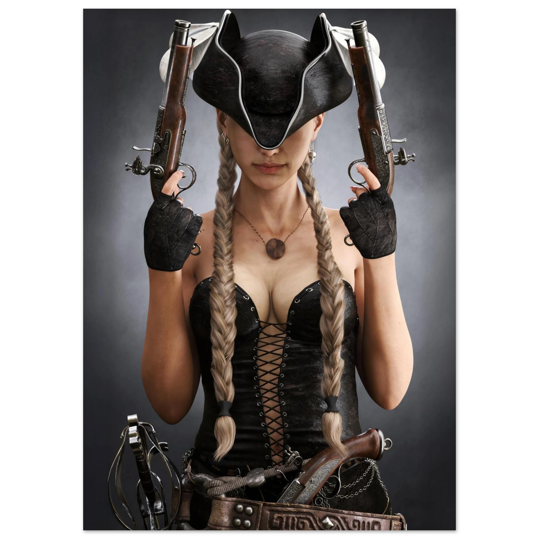 Handcrafted fantasy artwork featuring a female pirate with long braided hair wearing a tricorne hat and leather corset while holding dual flintlock pistols. A dramatic pirate portrait with cinematic lighting, perfect for fantasy collectors, gaming rooms, nautical décor, and pirate enthusiasts.