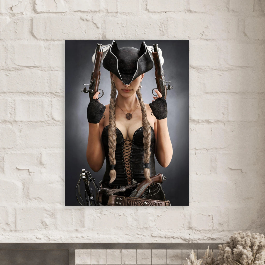 Handcrafted fantasy artwork featuring a female pirate with long braided hair wearing a tricorne hat and leather corset while holding dual flintlock pistols. A dramatic pirate portrait with cinematic lighting, perfect for fantasy collectors, gaming rooms, nautical décor, and pirate enthusiasts.