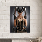 Handcrafted fantasy artwork featuring a female pirate with long braided hair wearing a tricorne hat and leather corset while holding dual flintlock pistols. A dramatic pirate portrait with cinematic lighting, perfect for fantasy collectors, gaming rooms, nautical décor, and pirate enthusiasts.