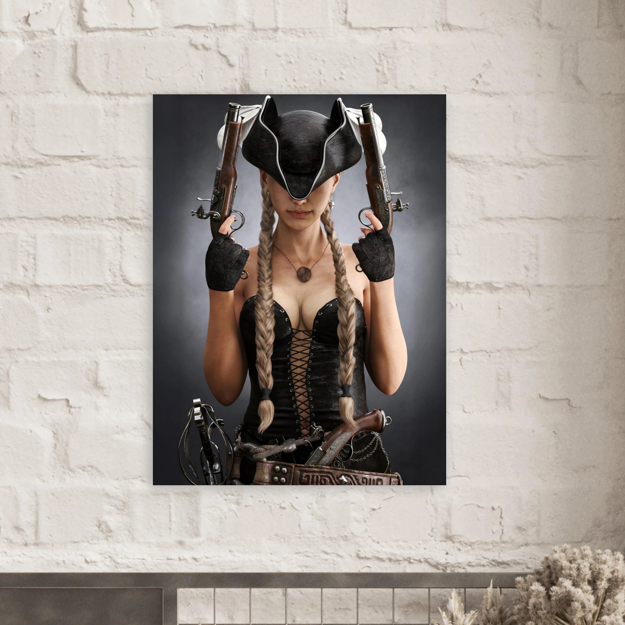 Handcrafted fantasy artwork featuring a female pirate with long braided hair wearing a tricorne hat and leather corset while holding dual flintlock pistols. A dramatic pirate portrait with cinematic lighting, perfect for fantasy collectors, gaming rooms, nautical décor, and pirate enthusiasts.