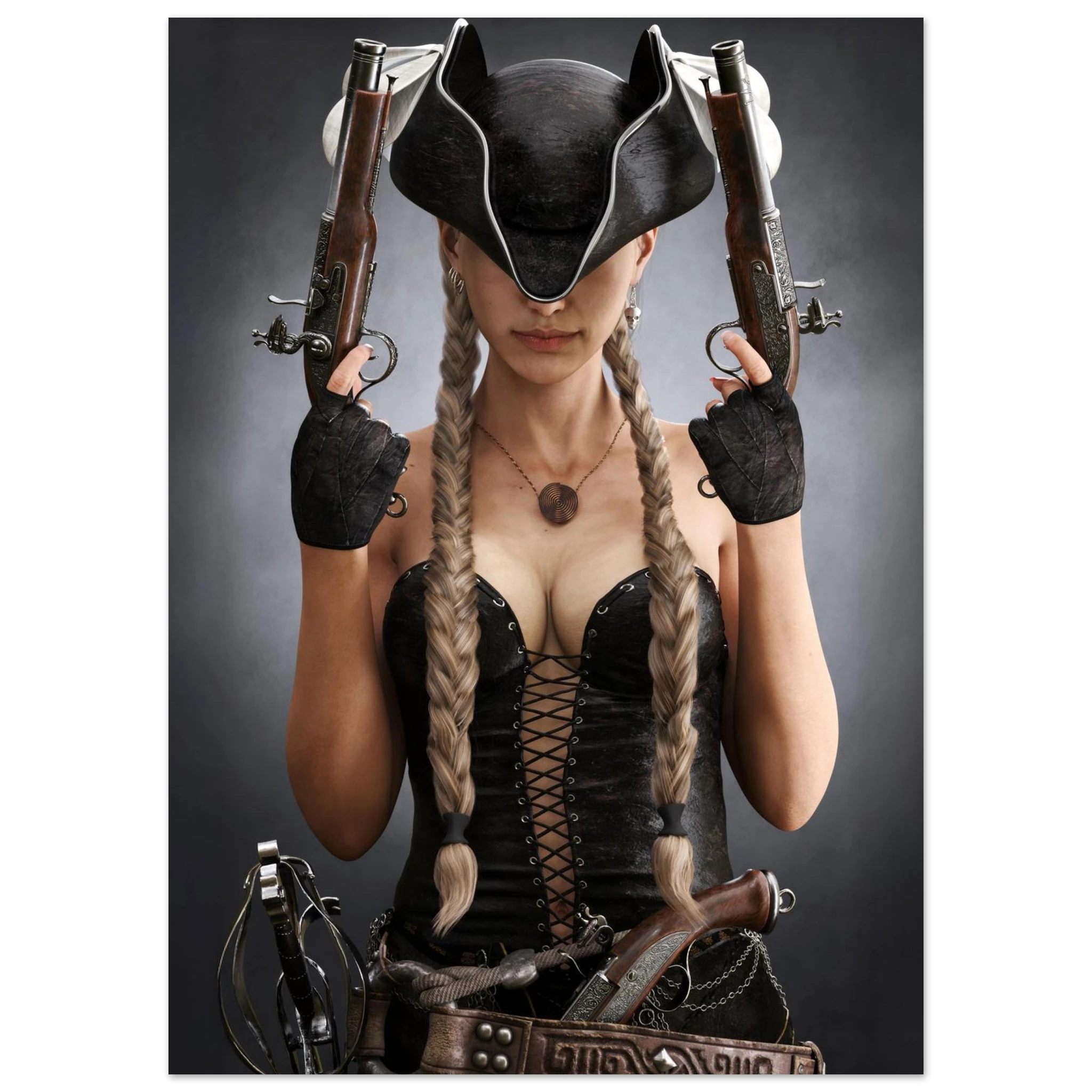 Handcrafted fantasy artwork featuring a female pirate with long braided hair wearing a tricorne hat and leather corset while holding dual flintlock pistols. A dramatic pirate portrait with cinematic lighting, perfect for fantasy collectors, gaming rooms, nautical décor, and pirate enthusiasts.