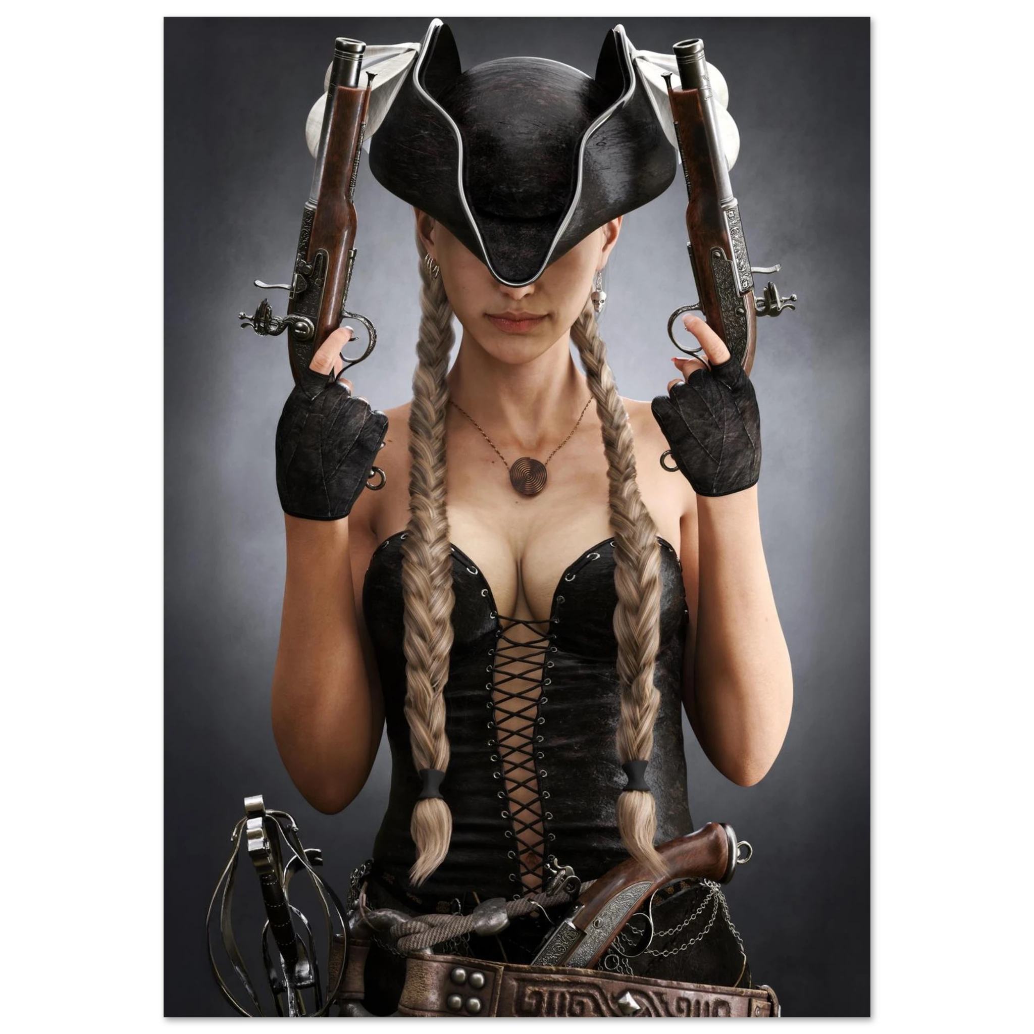 Handcrafted fantasy artwork featuring a female pirate with long braided hair wearing a tricorne hat and leather corset while holding dual flintlock pistols. A dramatic pirate portrait with cinematic lighting, perfect for fantasy collectors, gaming rooms, nautical décor, and pirate enthusiasts.