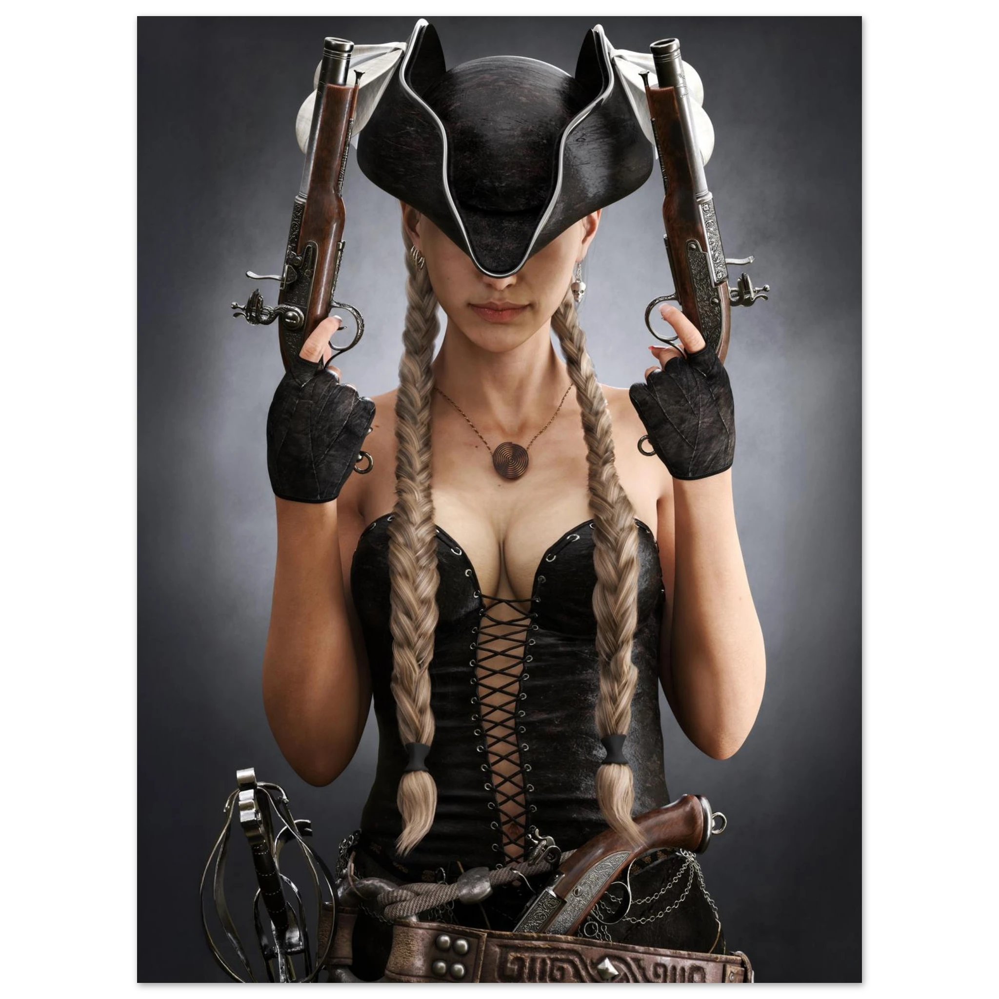 Handcrafted fantasy artwork featuring a female pirate with long braided hair wearing a tricorne hat and leather corset while holding dual flintlock pistols. A dramatic pirate portrait with cinematic lighting, perfect for fantasy collectors, gaming rooms, nautical décor, and pirate enthusiasts.