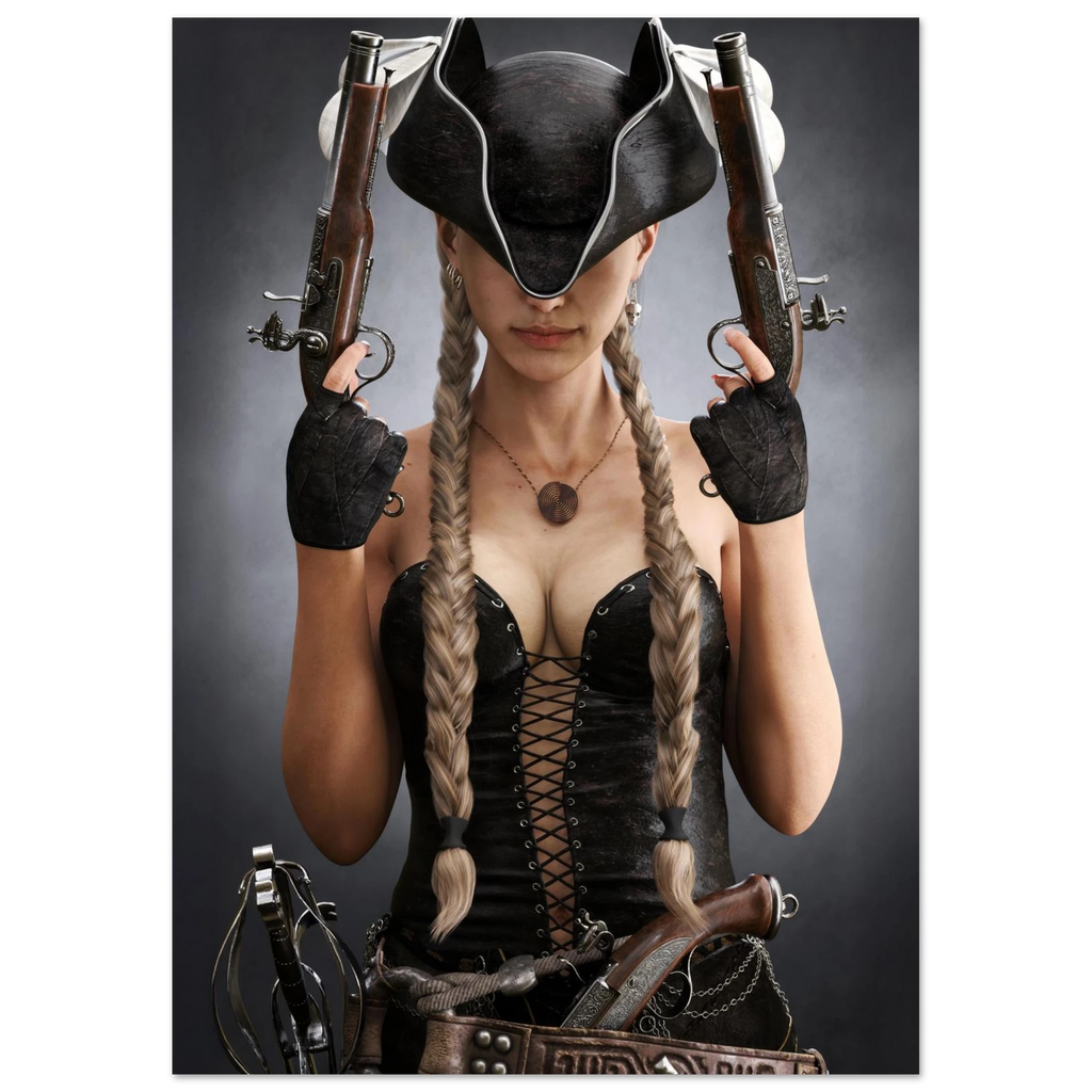 Handcrafted fantasy artwork featuring a female pirate with long braided hair wearing a tricorne hat and leather corset while holding dual flintlock pistols. A dramatic pirate portrait with cinematic lighting, perfect for fantasy collectors, gaming rooms, nautical décor, and pirate enthusiasts.