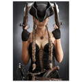 Handcrafted fantasy artwork featuring a female pirate with long braided hair wearing a tricorne hat and leather corset while holding dual flintlock pistols. A dramatic pirate portrait with cinematic lighting, perfect for fantasy collectors, gaming rooms, nautical décor, and pirate enthusiasts.