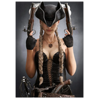 Handcrafted fantasy artwork featuring a female pirate with long braided hair wearing a tricorne hat and leather corset while holding dual flintlock pistols. A dramatic pirate portrait with cinematic lighting, perfect for fantasy collectors, gaming rooms, nautical décor, and pirate enthusiasts.