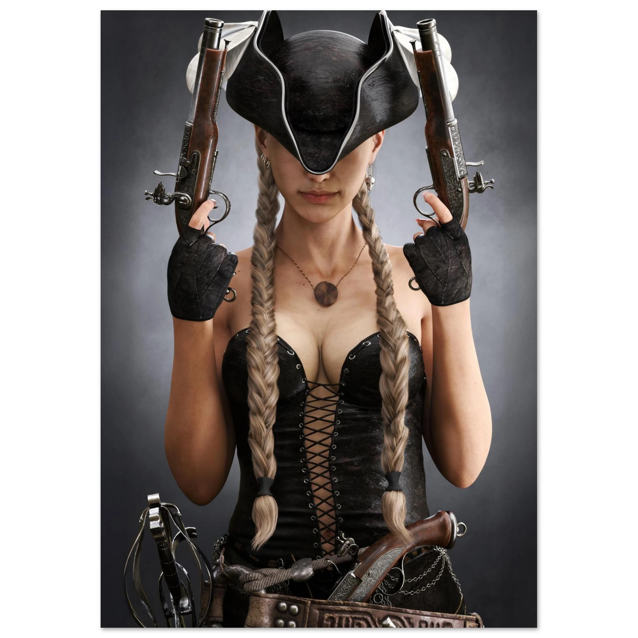 Handcrafted fantasy artwork featuring a female pirate with long braided hair wearing a tricorne hat and leather corset while holding dual flintlock pistols. A dramatic pirate portrait with cinematic lighting, perfect for fantasy collectors, gaming rooms, nautical décor, and pirate enthusiasts.