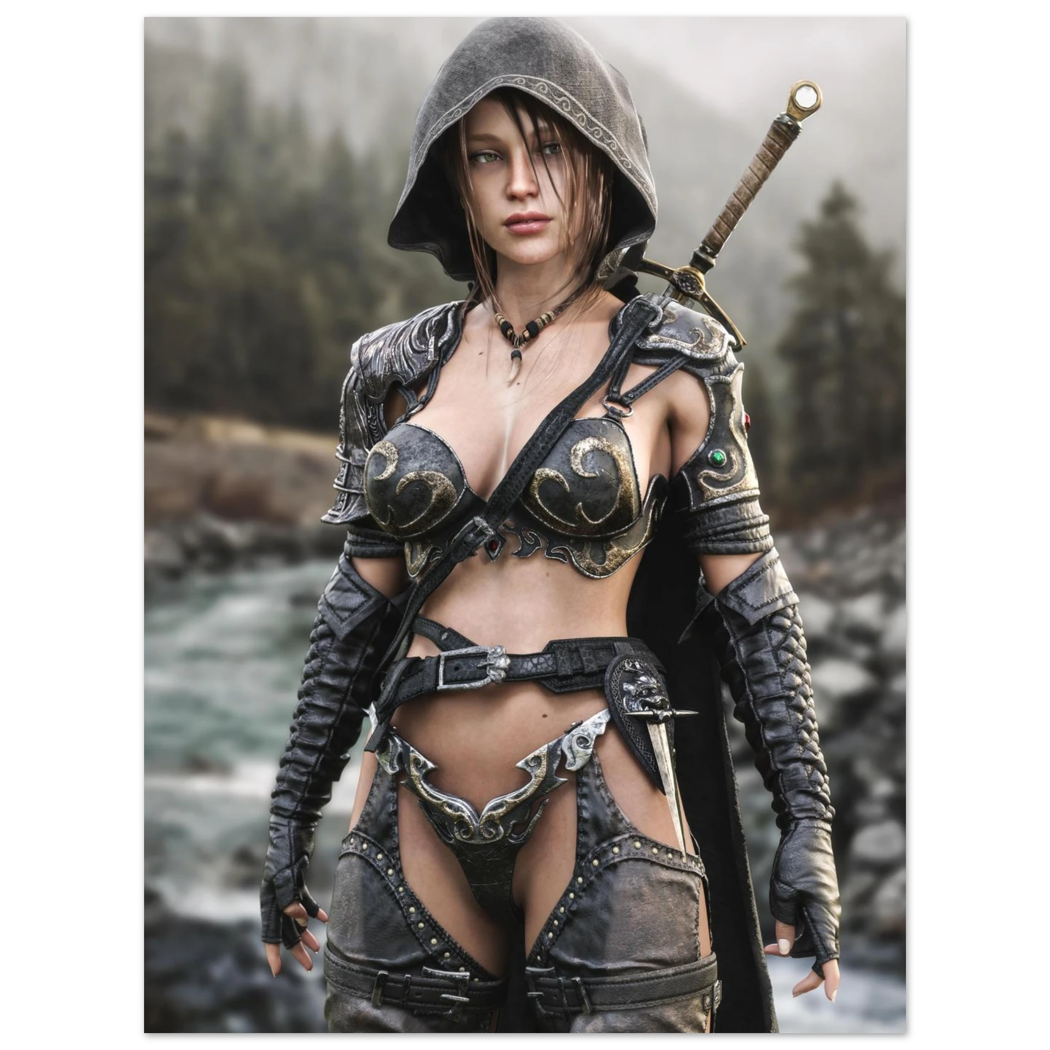 Handcrafted fantasy artwork featuring a hooded female ranger standing beside a mountain river in ornate medieval armor with a sword across her back. Premium wall art for fantasy collectors, RPG enthusiasts, gaming rooms, and medieval décor.