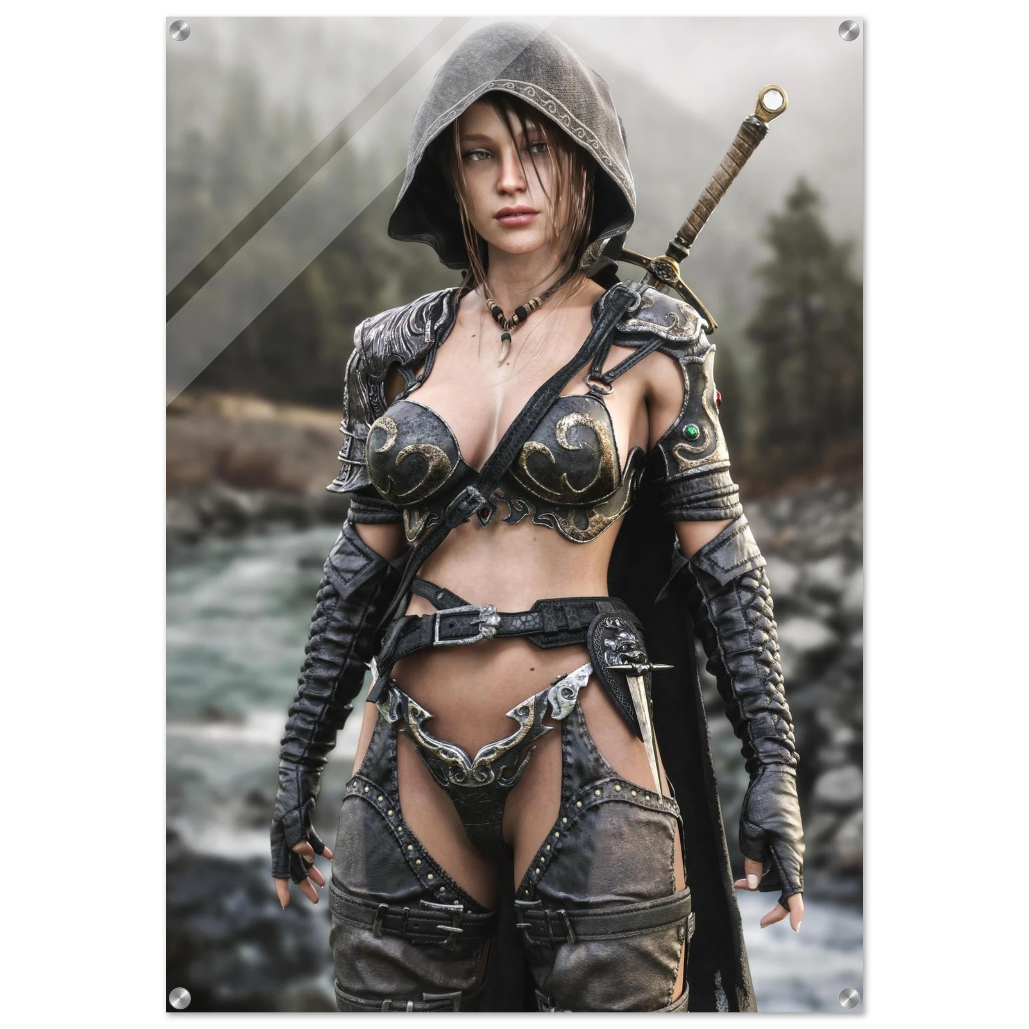 Handcrafted fantasy artwork featuring a hooded female ranger standing beside a mountain river in ornate medieval armor with a sword across her back. Premium wall art for fantasy collectors, RPG enthusiasts, gaming rooms, and medieval décor.