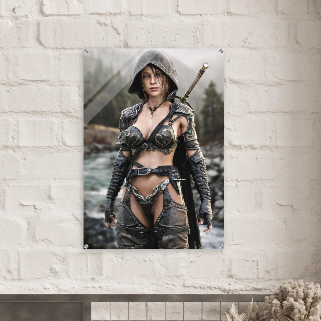 Handcrafted fantasy artwork featuring a hooded female ranger standing beside a mountain river in ornate medieval armor with a sword across her back. Premium wall art for fantasy collectors, RPG enthusiasts, gaming rooms, and medieval décor.