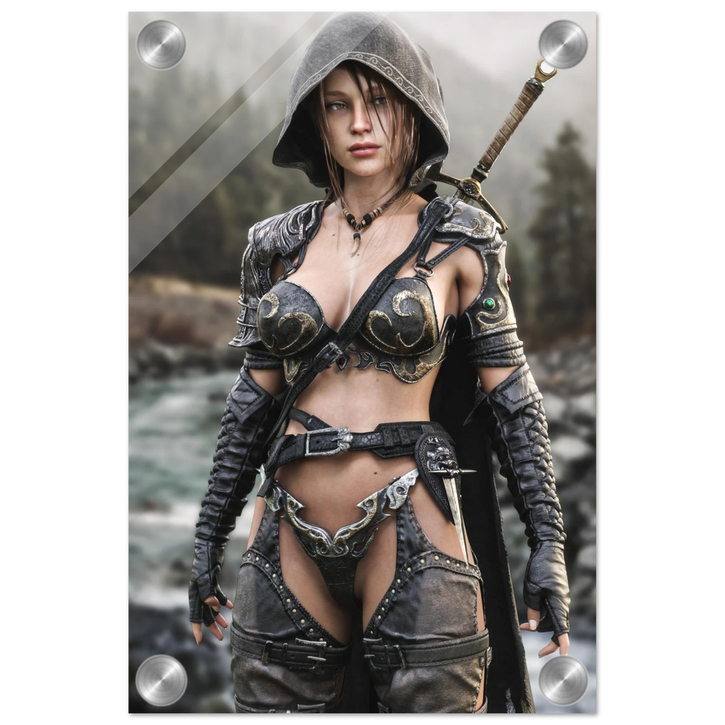 Handcrafted fantasy artwork featuring a hooded female ranger standing beside a mountain river in ornate medieval armor with a sword across her back. Premium wall art for fantasy collectors, RPG enthusiasts, gaming rooms, and medieval décor.