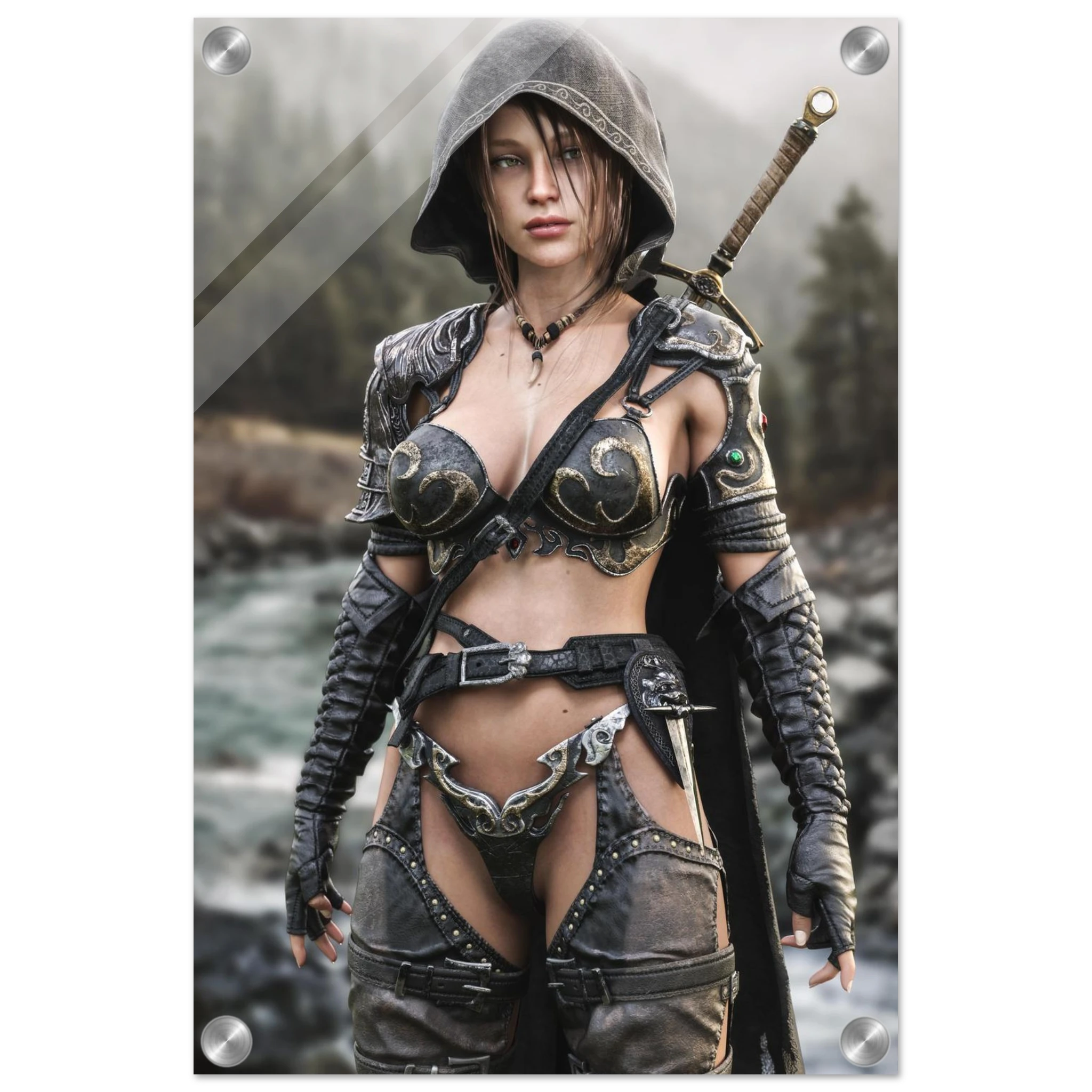 Handcrafted fantasy artwork featuring a hooded female ranger standing beside a mountain river in ornate medieval armor with a sword across her back. Premium wall art for fantasy collectors, RPG enthusiasts, gaming rooms, and medieval décor.