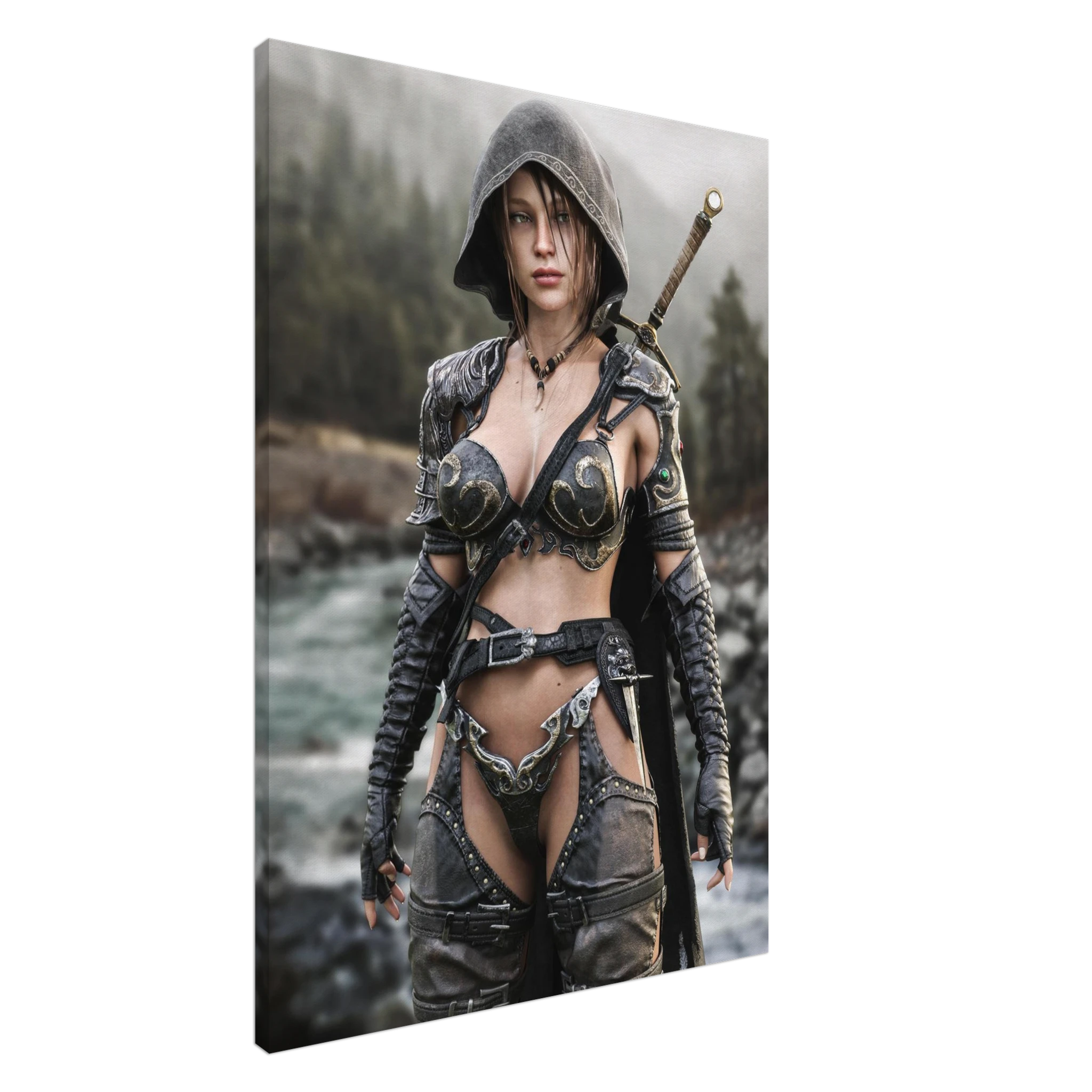 Handcrafted fantasy artwork featuring a hooded female ranger standing beside a mountain river in ornate medieval armor with a sword across her back. Premium wall art for fantasy collectors, RPG enthusiasts, gaming rooms, and medieval décor.