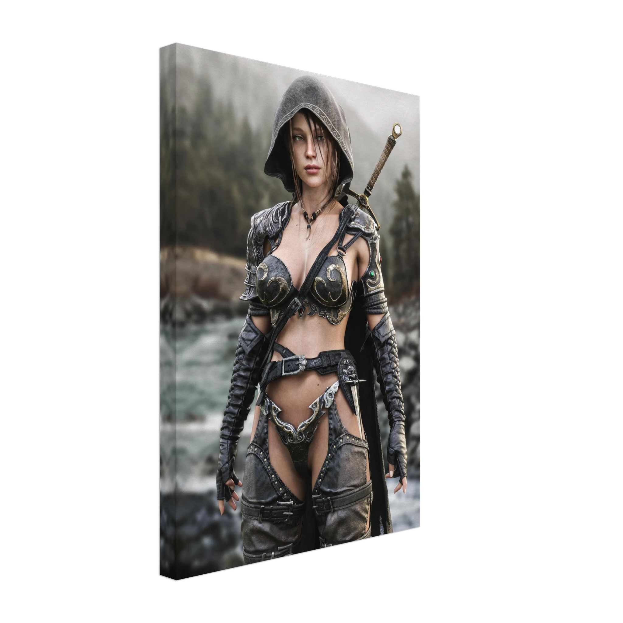 Handcrafted fantasy artwork featuring a hooded female ranger standing beside a mountain river in ornate medieval armor with a sword across her back. Premium wall art for fantasy collectors, RPG enthusiasts, gaming rooms, and medieval décor.