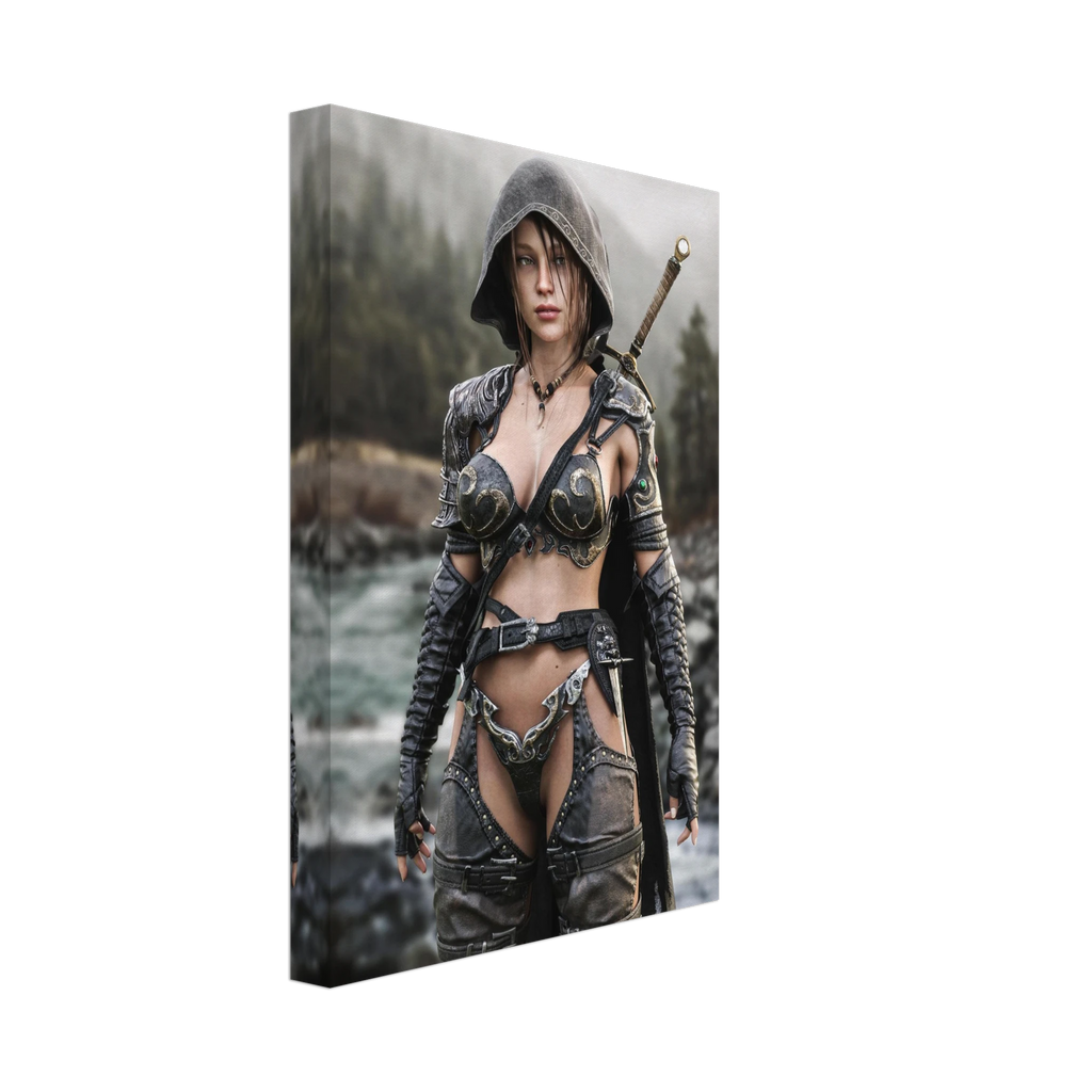 Handcrafted fantasy artwork featuring a hooded female ranger standing beside a mountain river in ornate medieval armor with a sword across her back. Premium wall art for fantasy collectors, RPG enthusiasts, gaming rooms, and medieval décor.