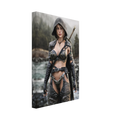 Handcrafted fantasy artwork featuring a hooded female ranger standing beside a mountain river in ornate medieval armor with a sword across her back. Premium wall art for fantasy collectors, RPG enthusiasts, gaming rooms, and medieval décor.