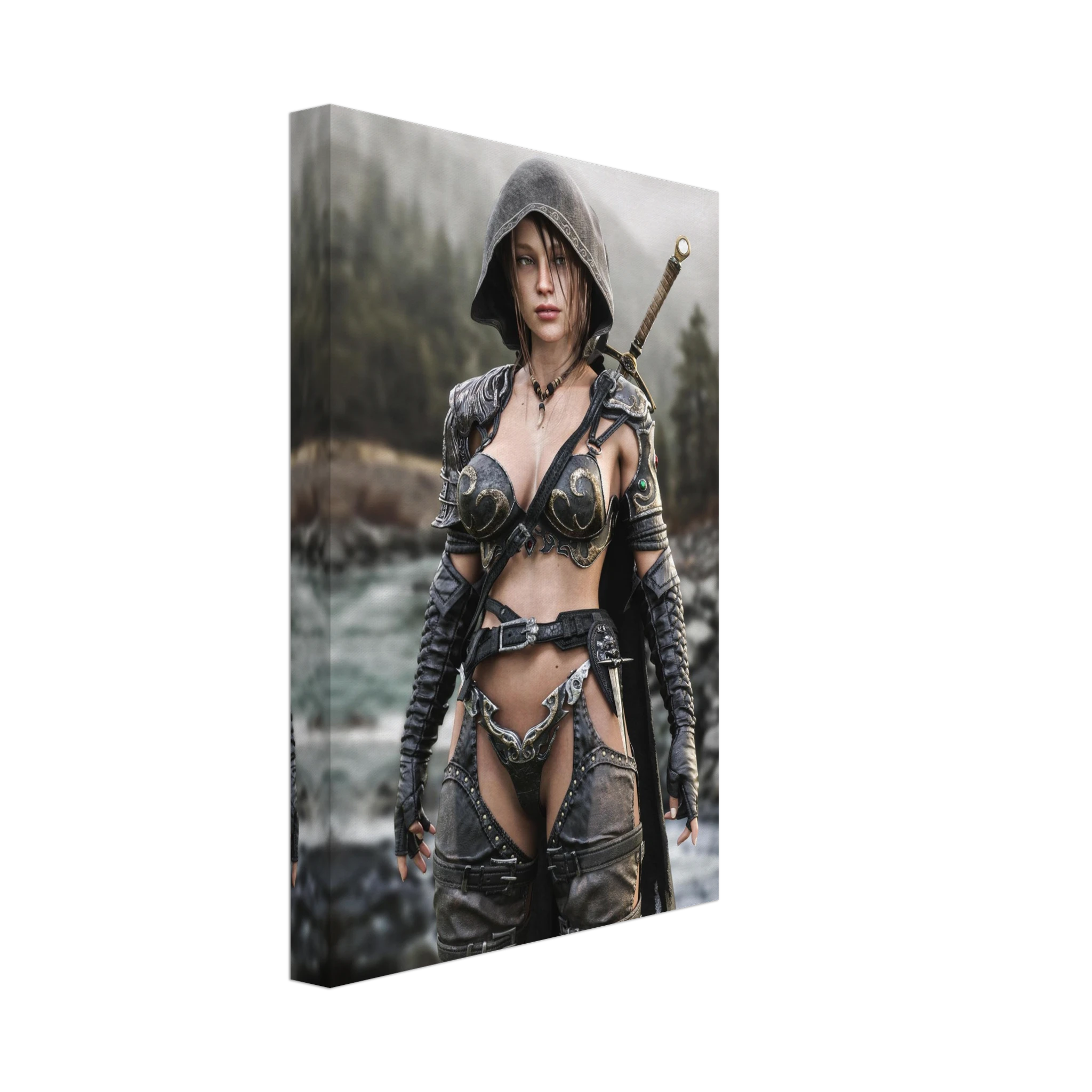 Handcrafted fantasy artwork featuring a hooded female ranger standing beside a mountain river in ornate medieval armor with a sword across her back. Premium wall art for fantasy collectors, RPG enthusiasts, gaming rooms, and medieval décor.