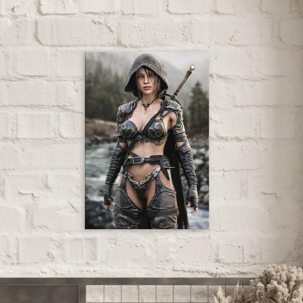 Handcrafted fantasy artwork featuring a hooded female ranger standing beside a mountain river in ornate medieval armor with a sword across her back. Premium wall art for fantasy collectors, RPG enthusiasts, gaming rooms, and medieval décor.